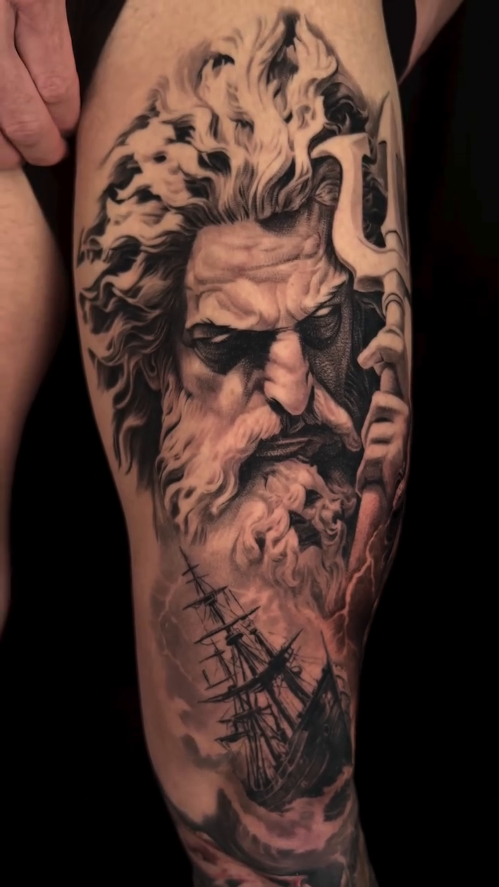 Poseidon with ship and Medusa surrealism tattoo on the forearm by Lynn Hoang, Honolulu, Hawaii