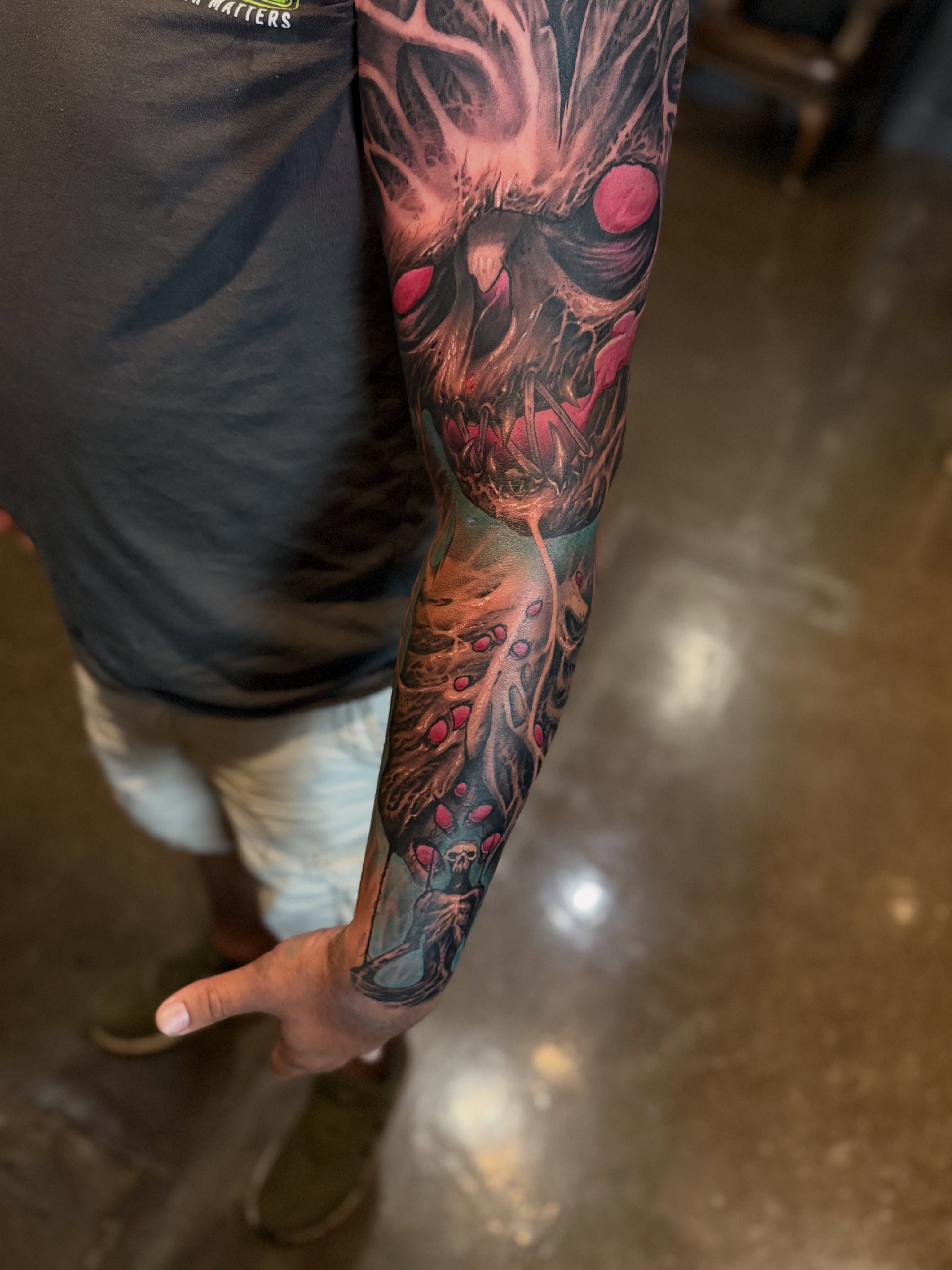 Skull dark realism tattoo on the forearm by Miles Haysmith