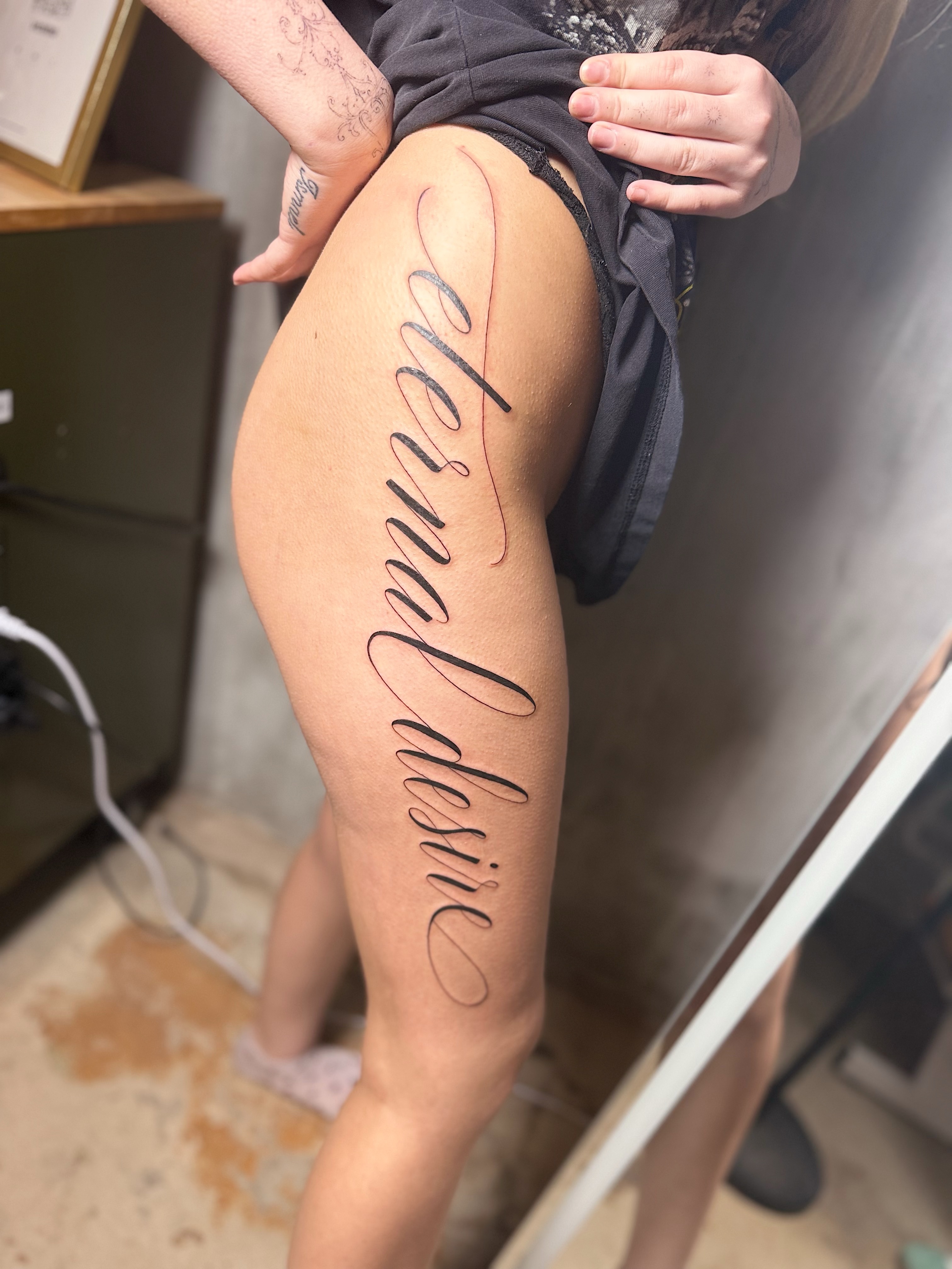 Script lettering lettering script tattoo on the thigh by INK with Christian, Mineral Wells, Texas