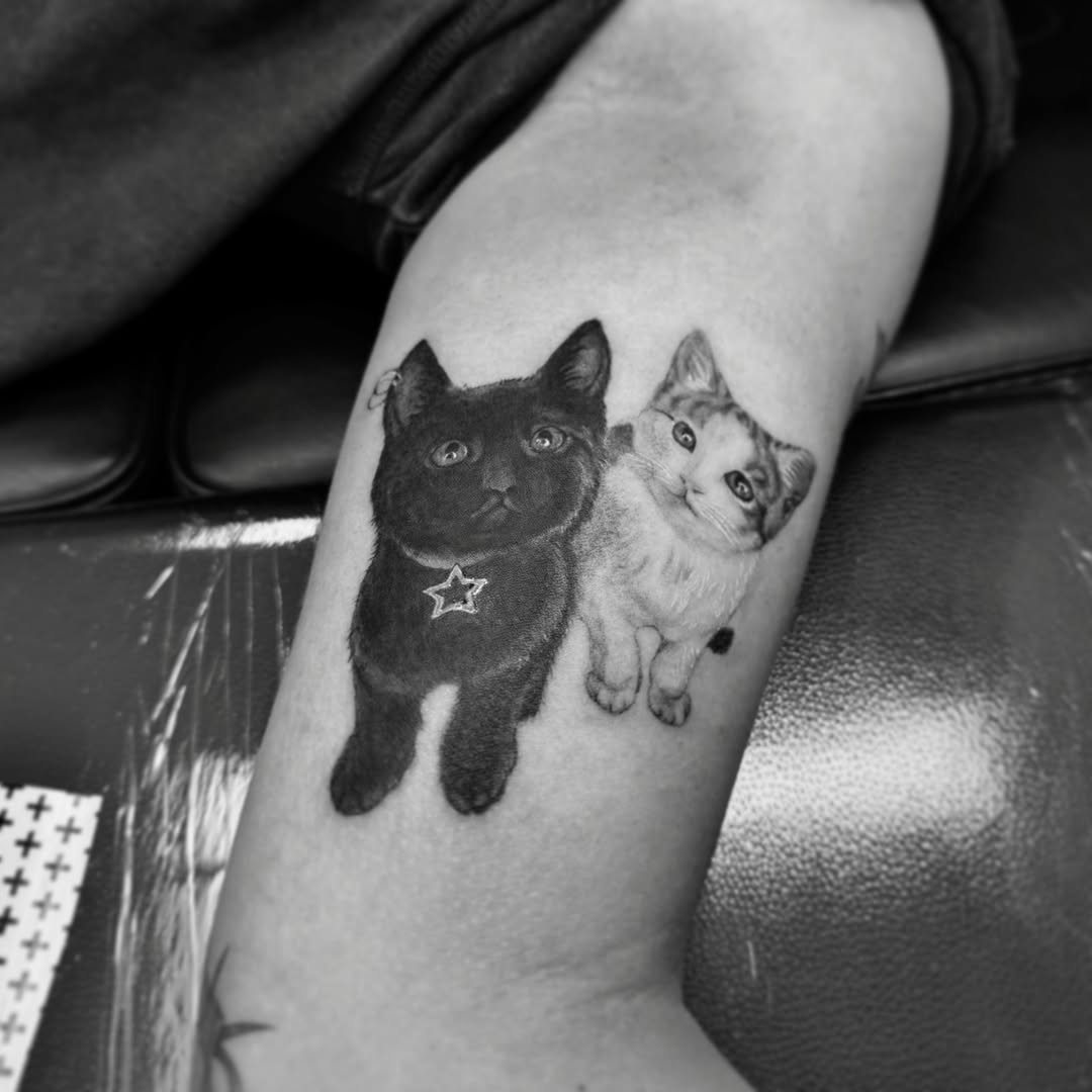 Two cats realism tattoo on the forearm by Xin Huang