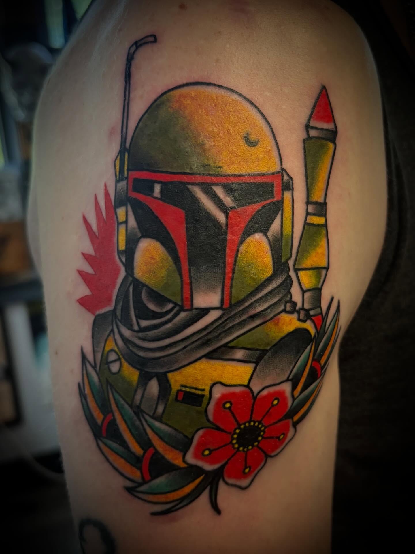 Boba fett helmet American traditional tattoo on the shoulder by Gardner, Gardner, Massachusetts