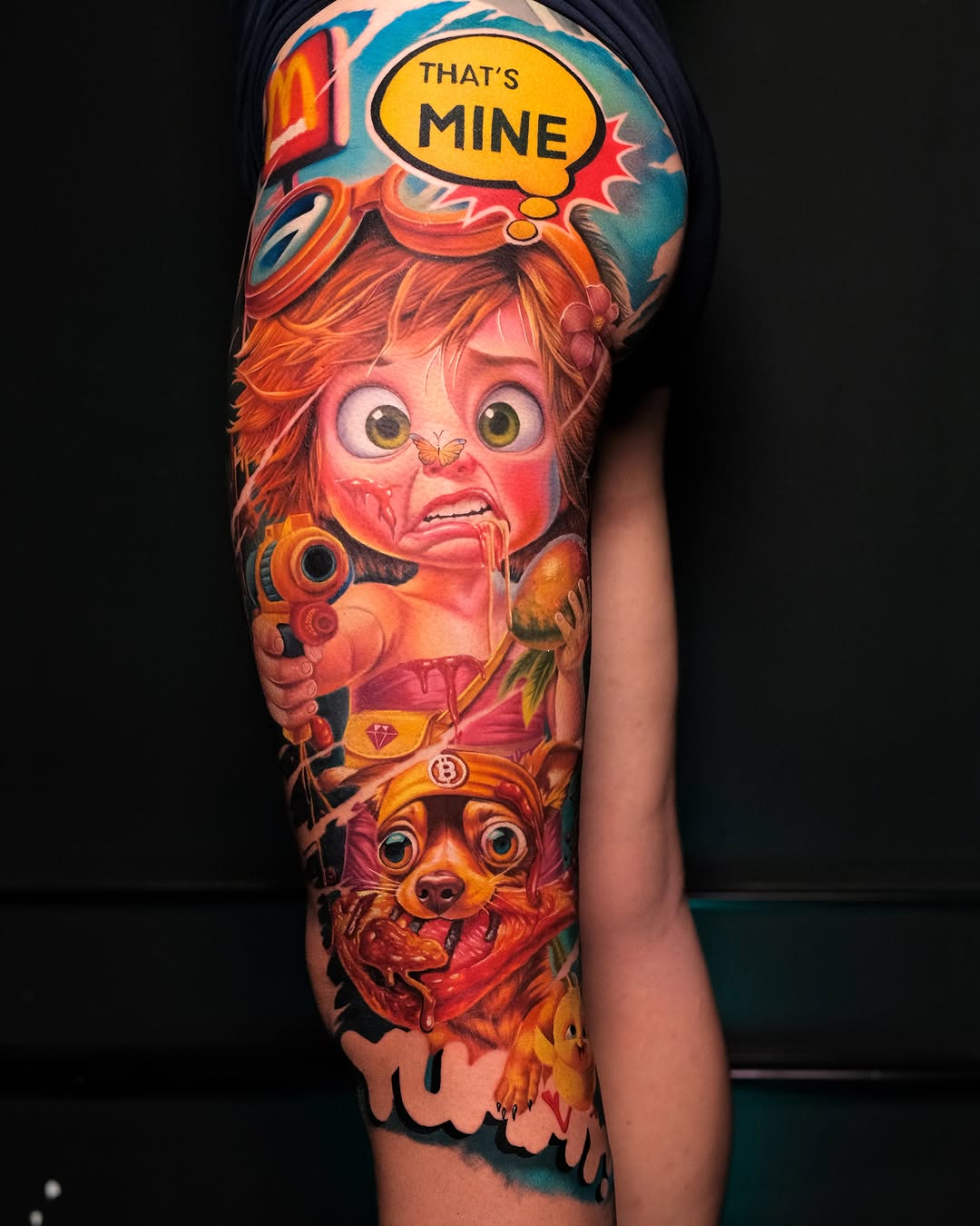 Cartoon girl and dog with food watercolor tattoo on the forearm by Hiroto Nguyen, Perth, Western Australia