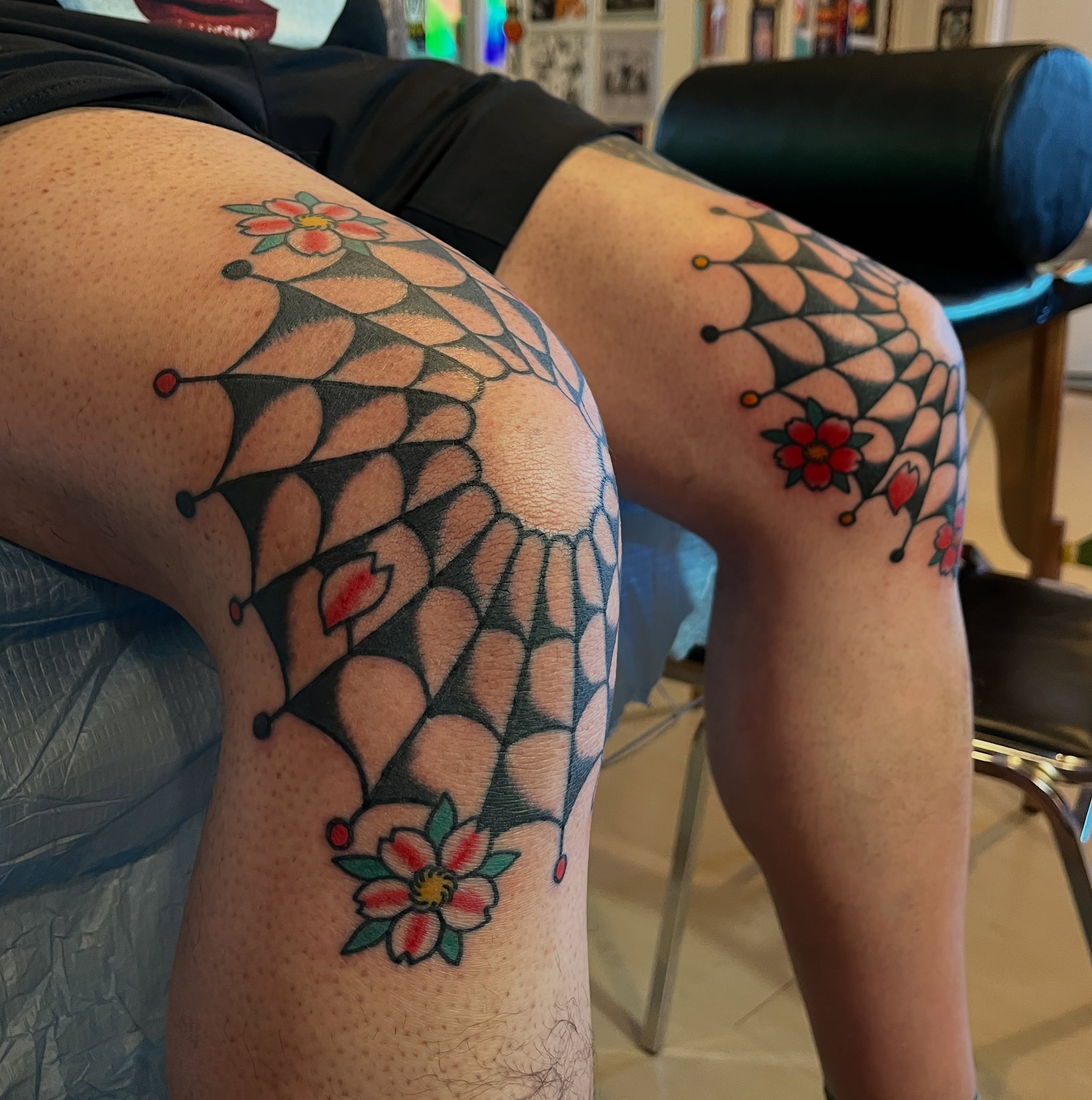 Geometric spiderweb geometric tattoo on the thigh by atomlenhart, Lancaster, Pennsylvania