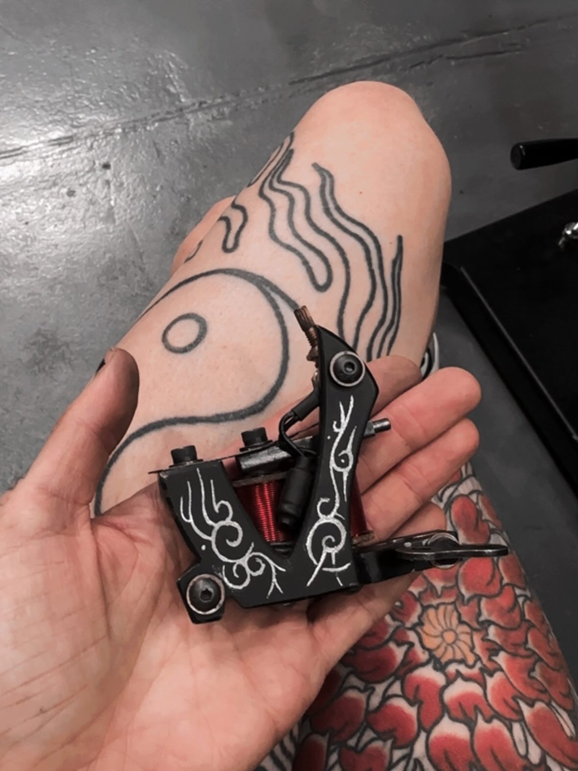 Abstract design black and grey tattoo on the forearm by Kat Fishbein