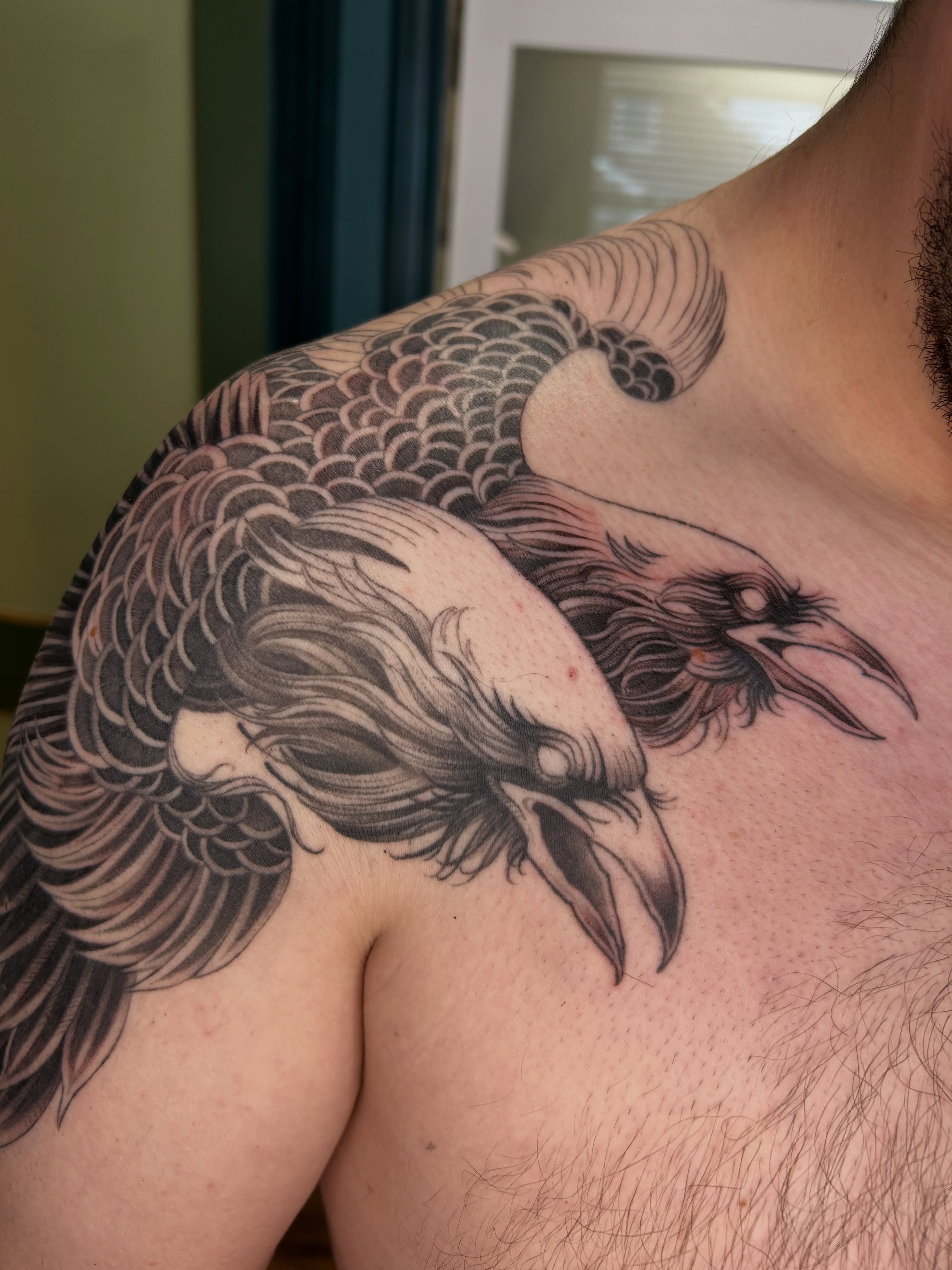 Crow black and grey tattoo on the shoulder by Magnus