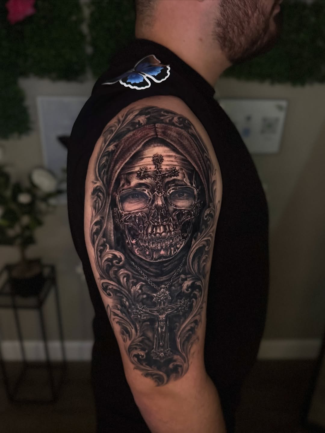 Skull with cross and ornate frame realism tattoo on the shoulder by Hannah Marie ๐ฆ, Benbrook, Texas