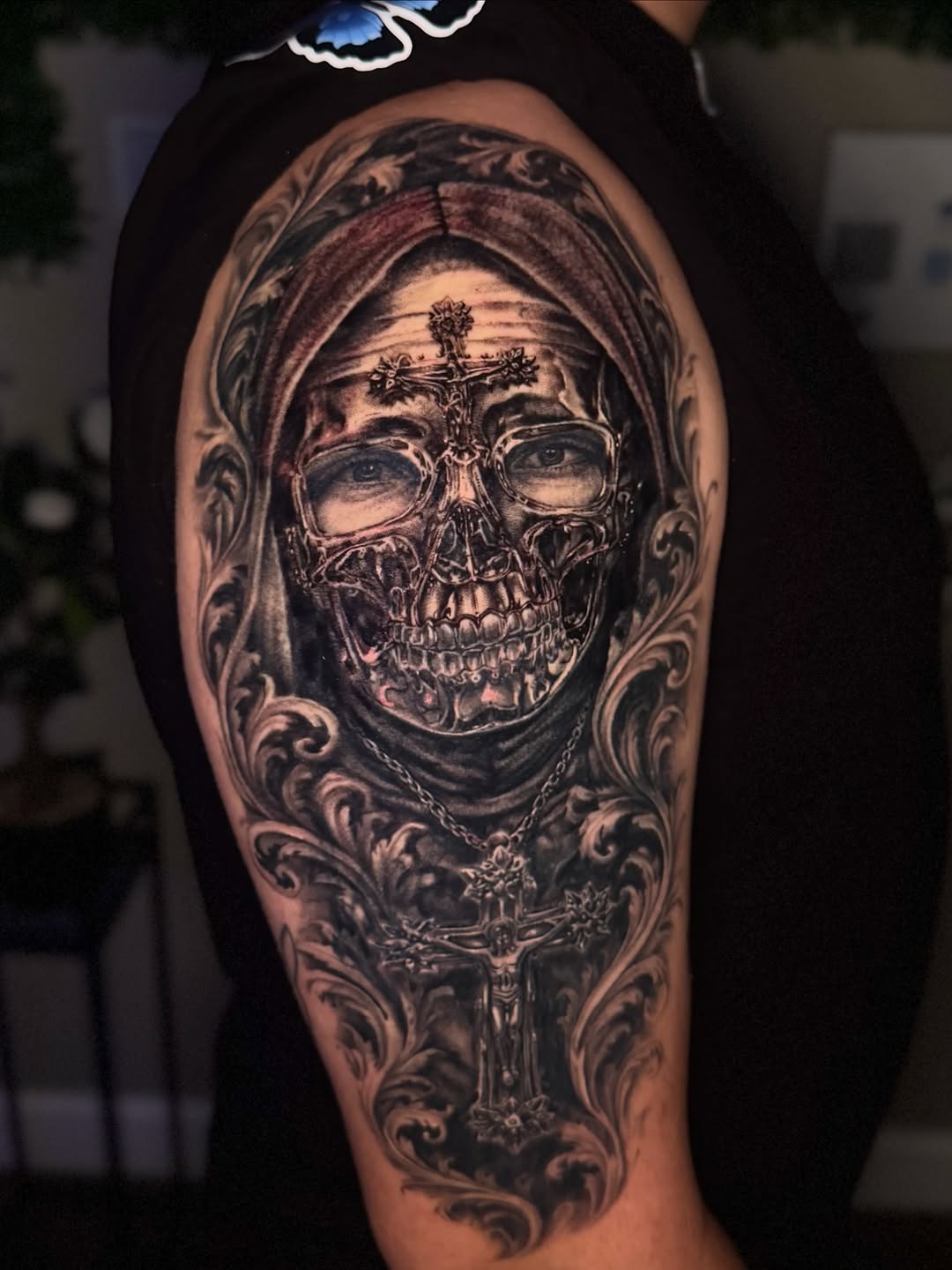 Skull with cross and ornate details realism tattoo on the shoulder by Hannah Marie ๐ฆ, Benbrook, Texas