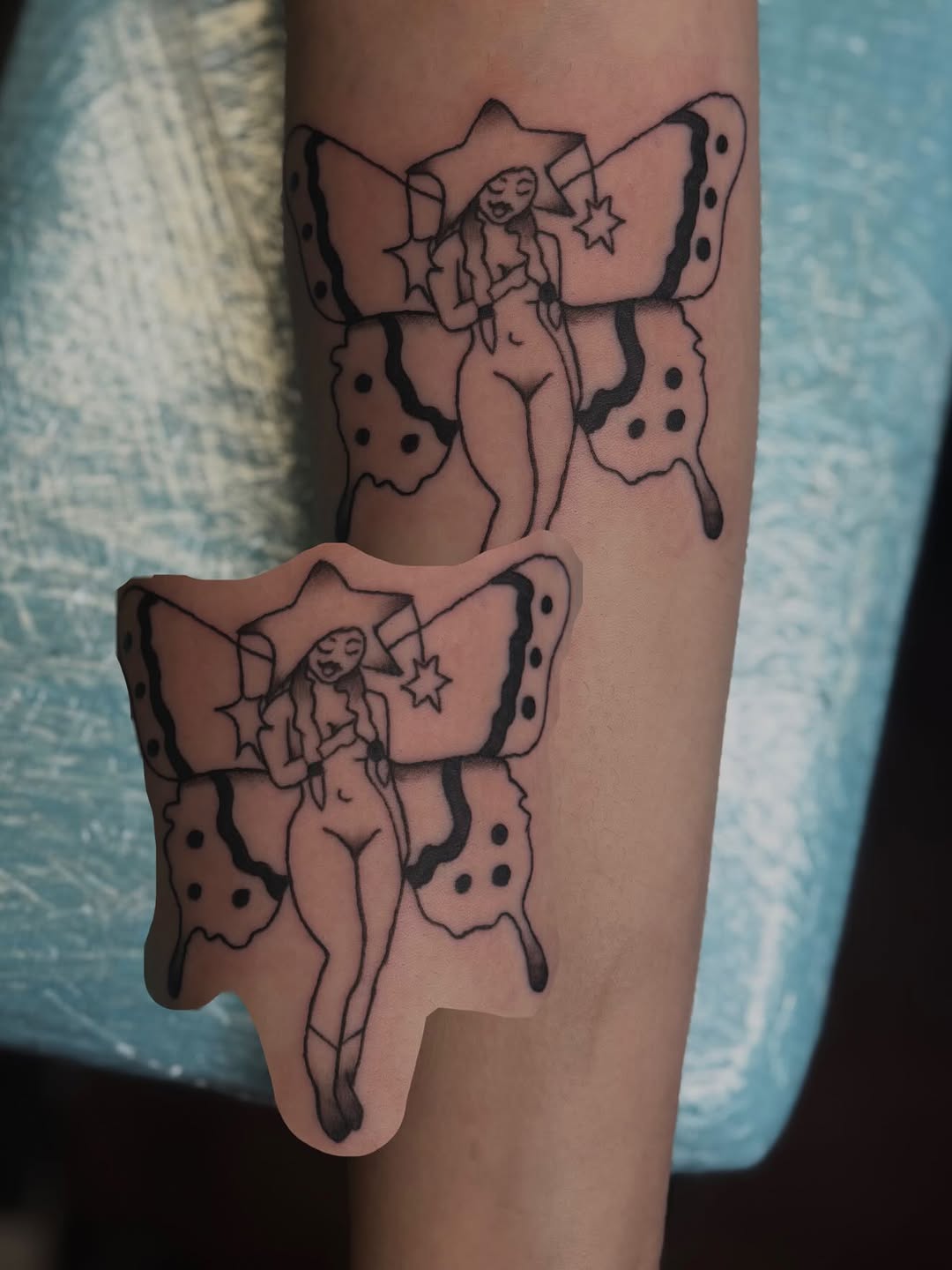 Woman with butterfly wings sketch tattoo on the forearm by ♱ C ♱, Dallas, Texas