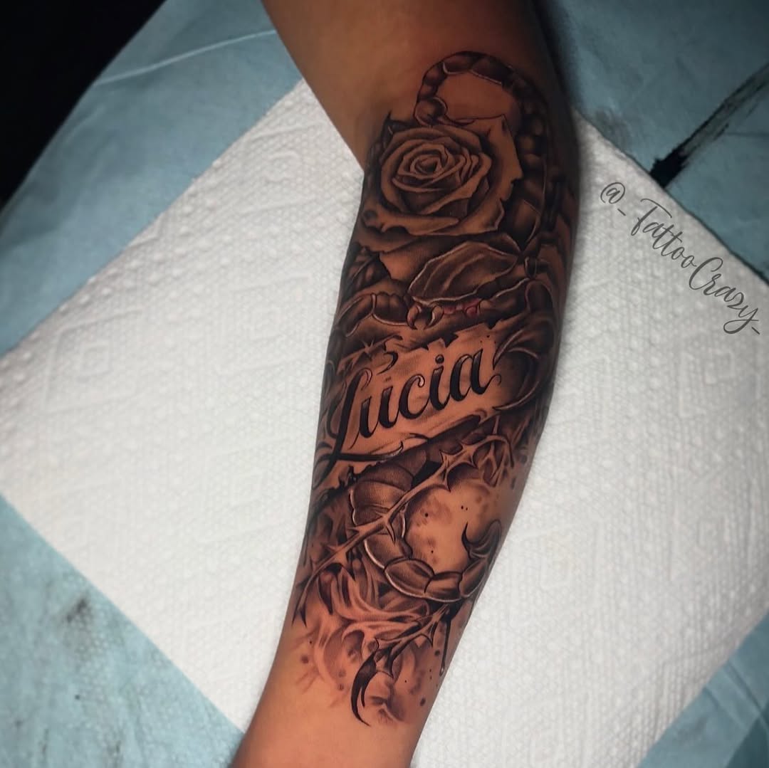 Tattoo by @_tattoocrazy_ — black_and_grey, lettering_script