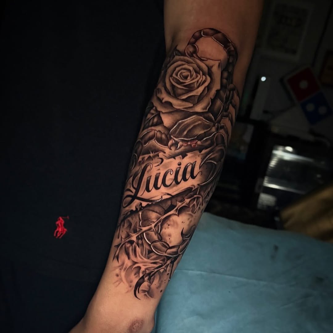 Tattoo by @_tattoocrazy_ — black_and_grey, lettering_script