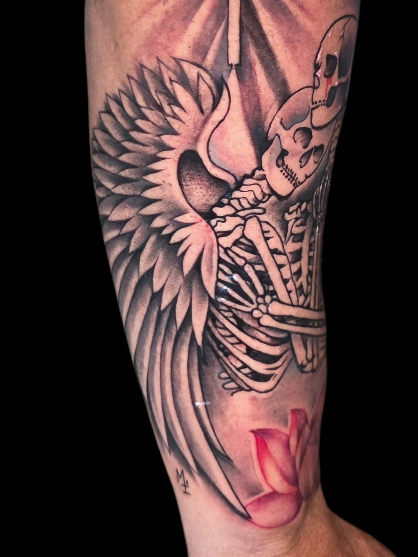 Skeleton with wings realism tattoo on the forearm by Matriix.Ink Tattoos, Groton, Connecticut