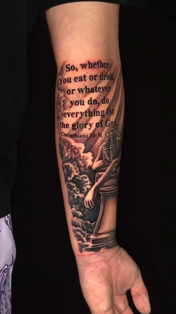 Angel and scripture lettering script tattoo by Jayb, Passaic, New Jersey