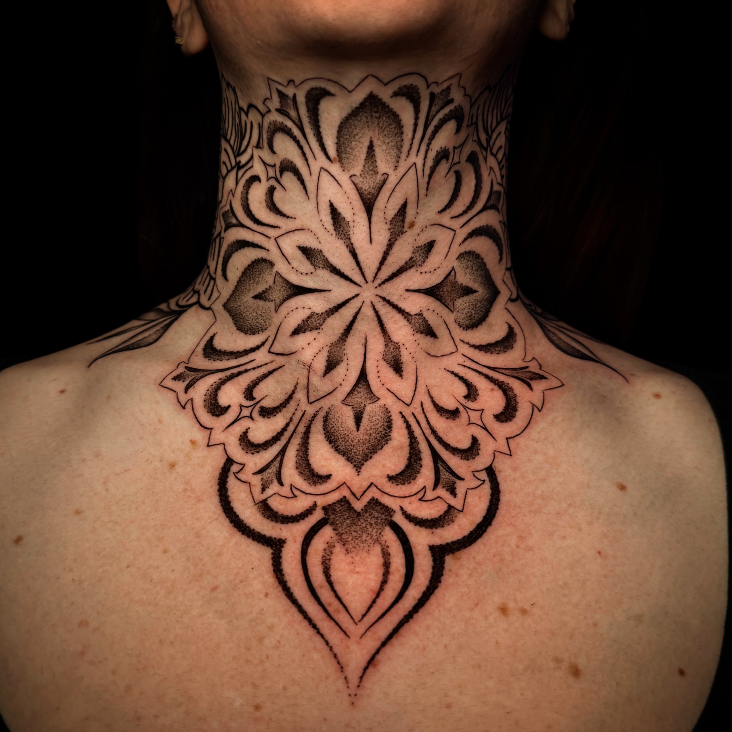 Mandala geometric tattoo on the neck by Arizona Tattoo Artist, Phoenix, Arizona