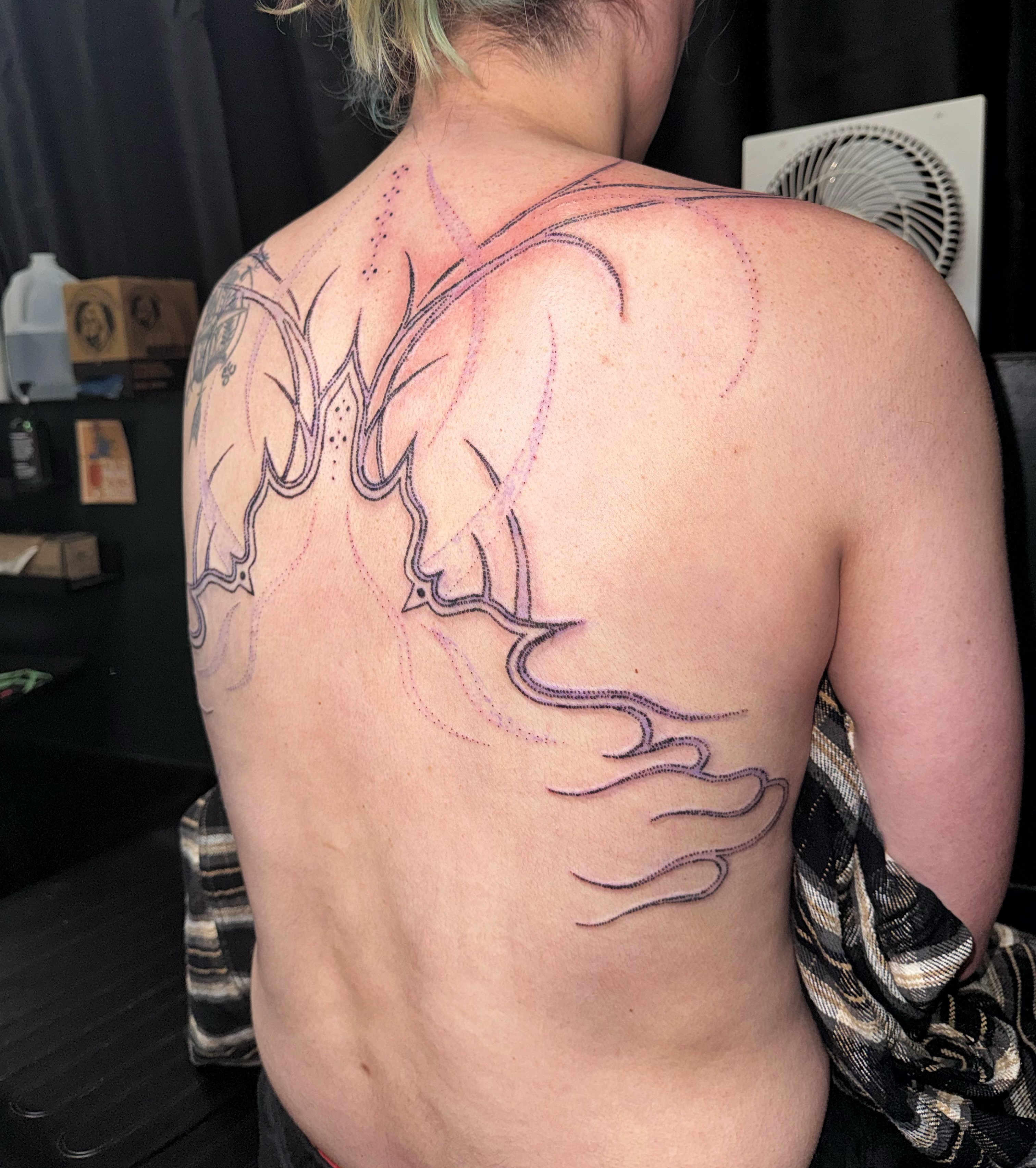 Bird dotwork tattoo on the back by Handpoke Tattoo Artist, Minneapolis, Minnesota
