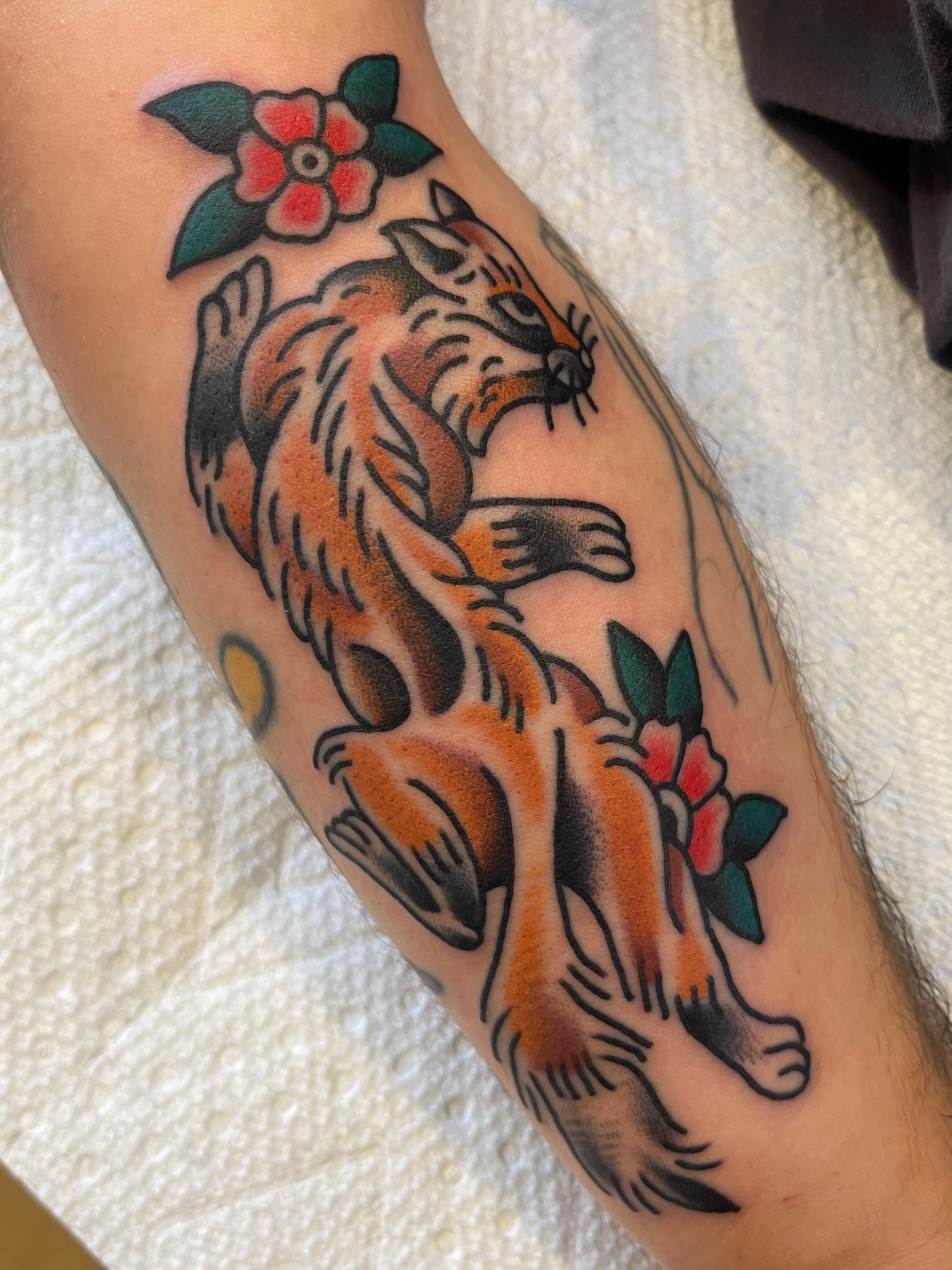Tiger American traditional tattoo on the forearm by Spencer Reisbeck