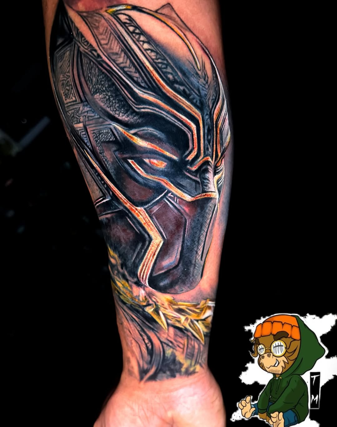 Black Panther mask realism tattoo on the forearm by Davone Joyner, Richmond, Virginia