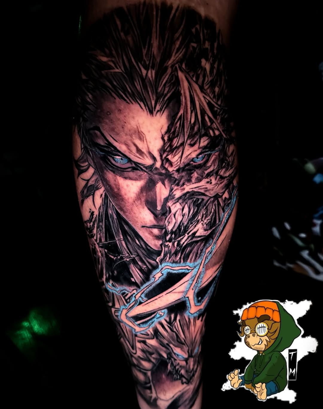 Character portrait with transformation anime tattoo on the forearm by Davone Joyner, Richmond, Virginia