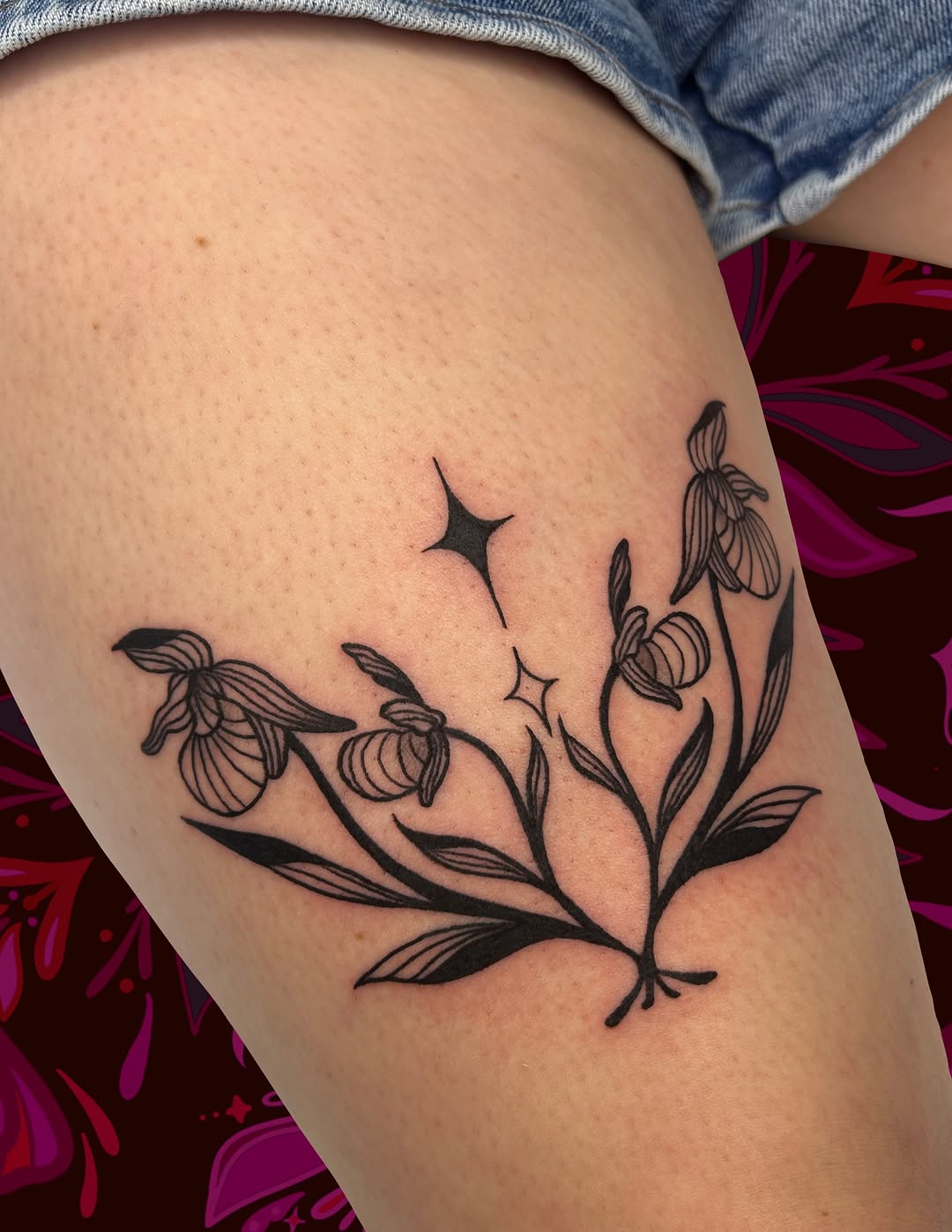 Orchids and stars fine line tattoo on the thigh by ❆ minneapolis tattoo artist ❆
