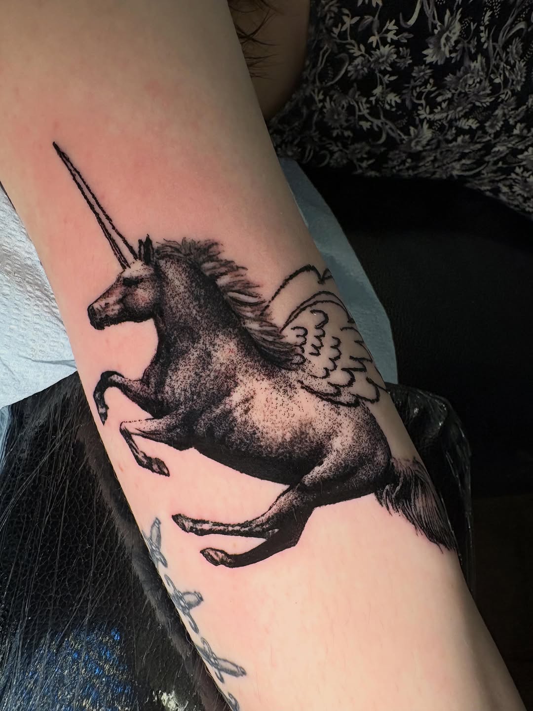 Winged unicorn fine line tattoo on the forearm by @lil_stinker_5000, Portland, Oregon