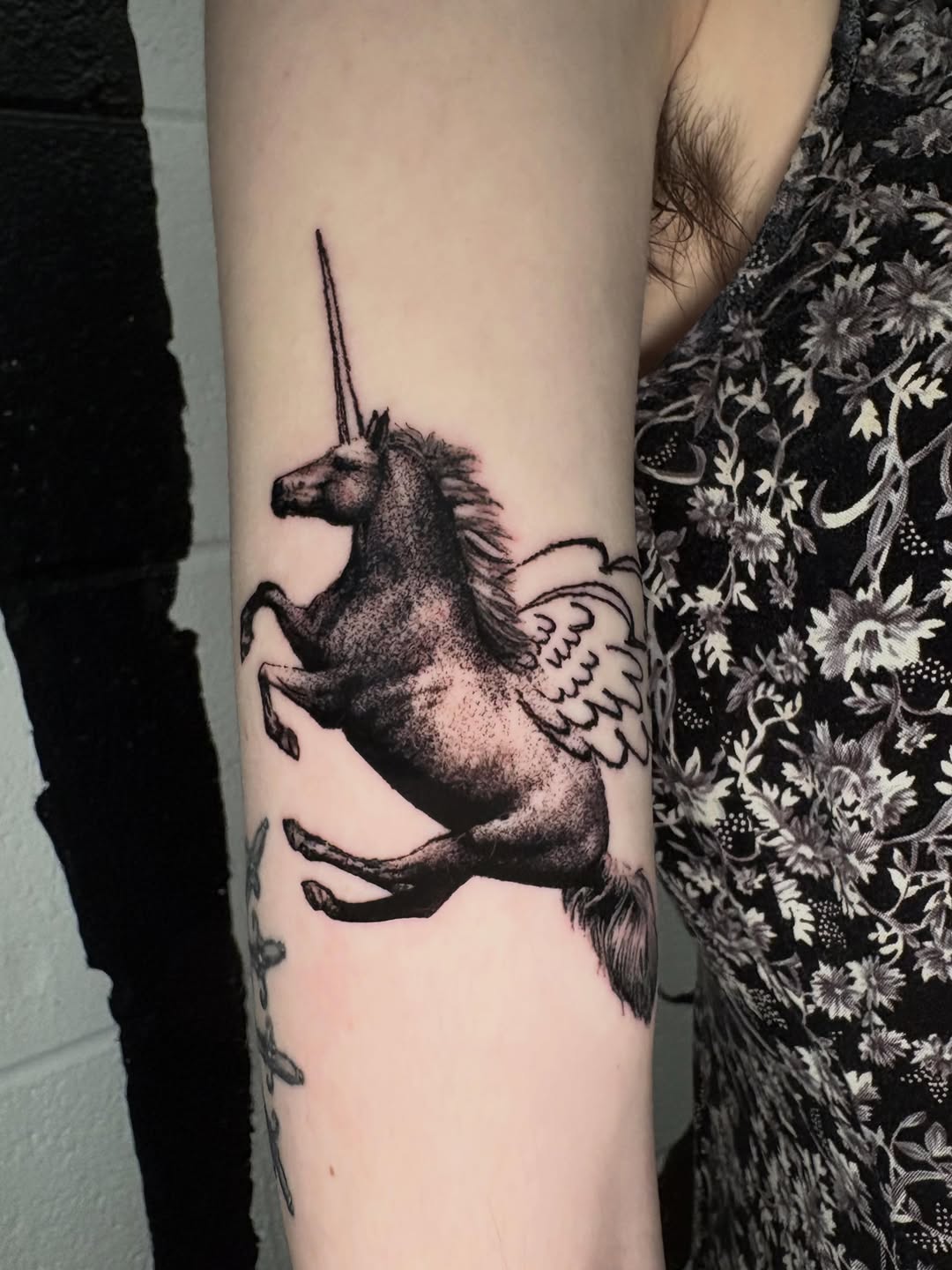 Unicorn with wings fine line tattoo on the forearm by @lil_stinker_5000, Portland, Oregon