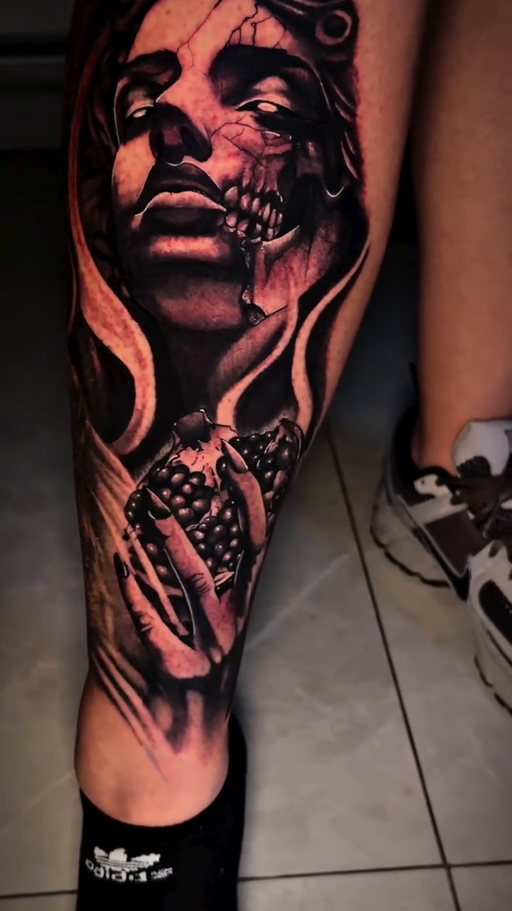 Realism tattoo on the leg by Aiden Madrigal
