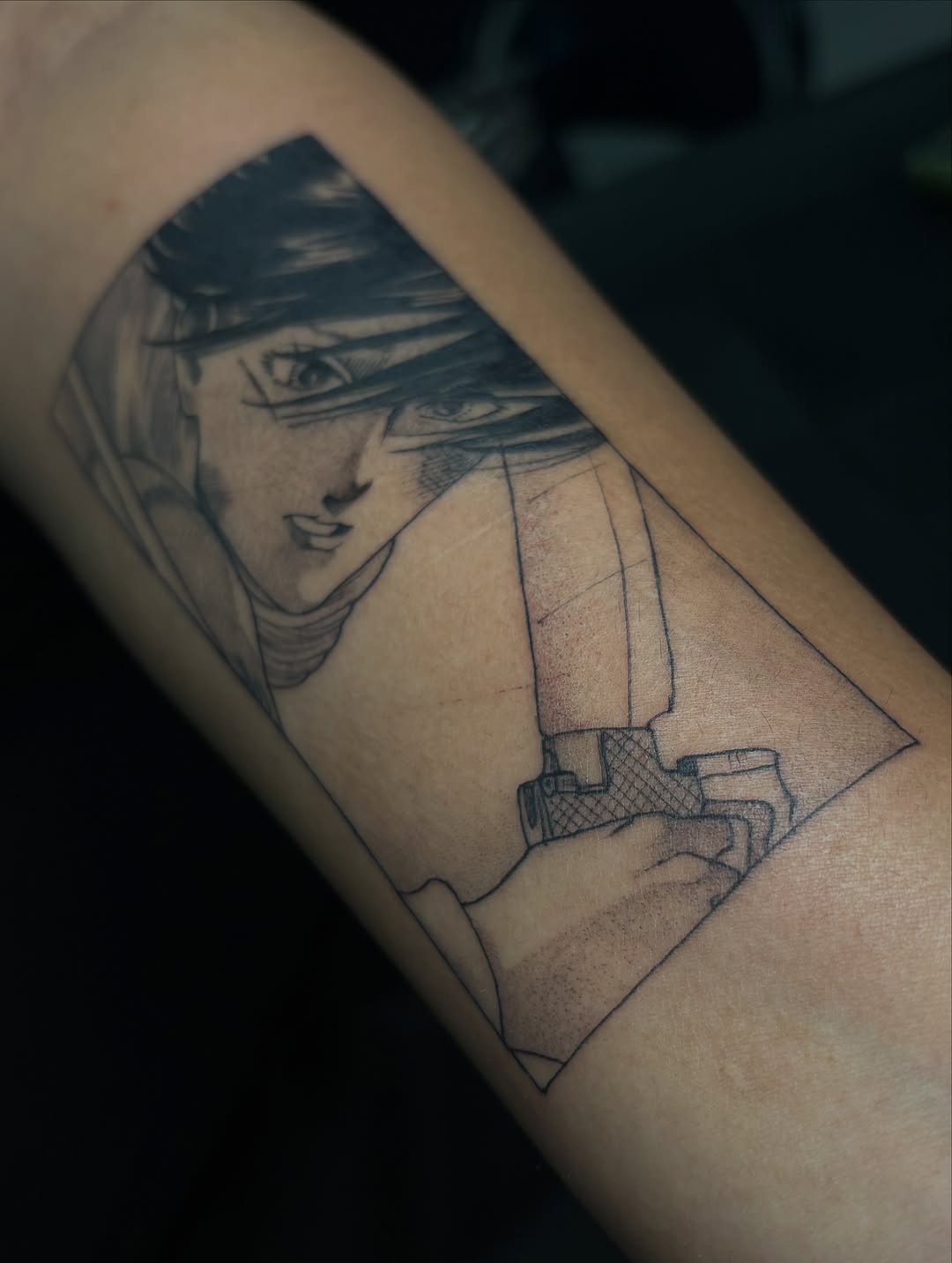 Tattoo by @harmonytattoo_ — anime, black_and_grey