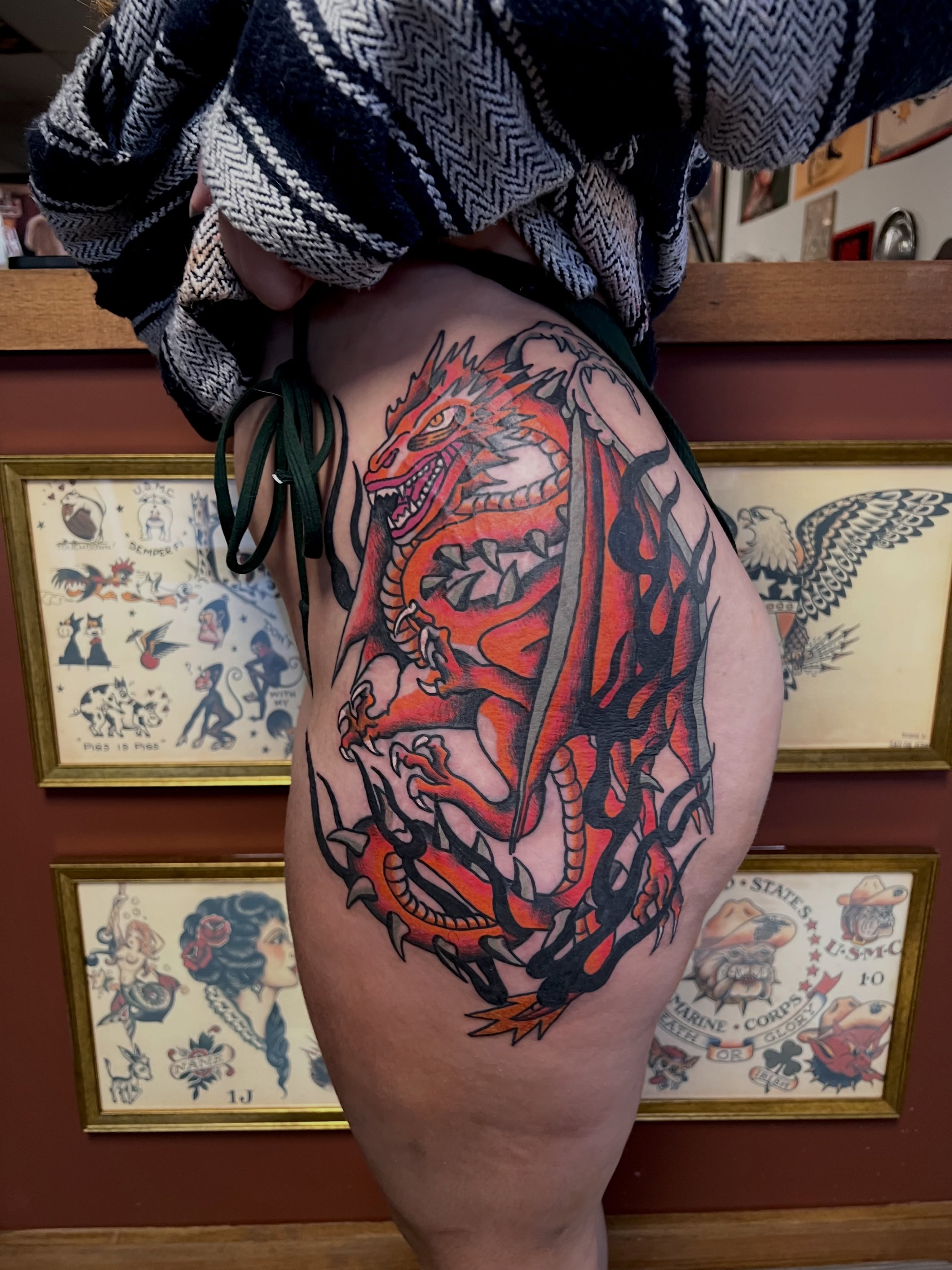 Dragon American traditional tattoo on the thigh by Christopher Durao