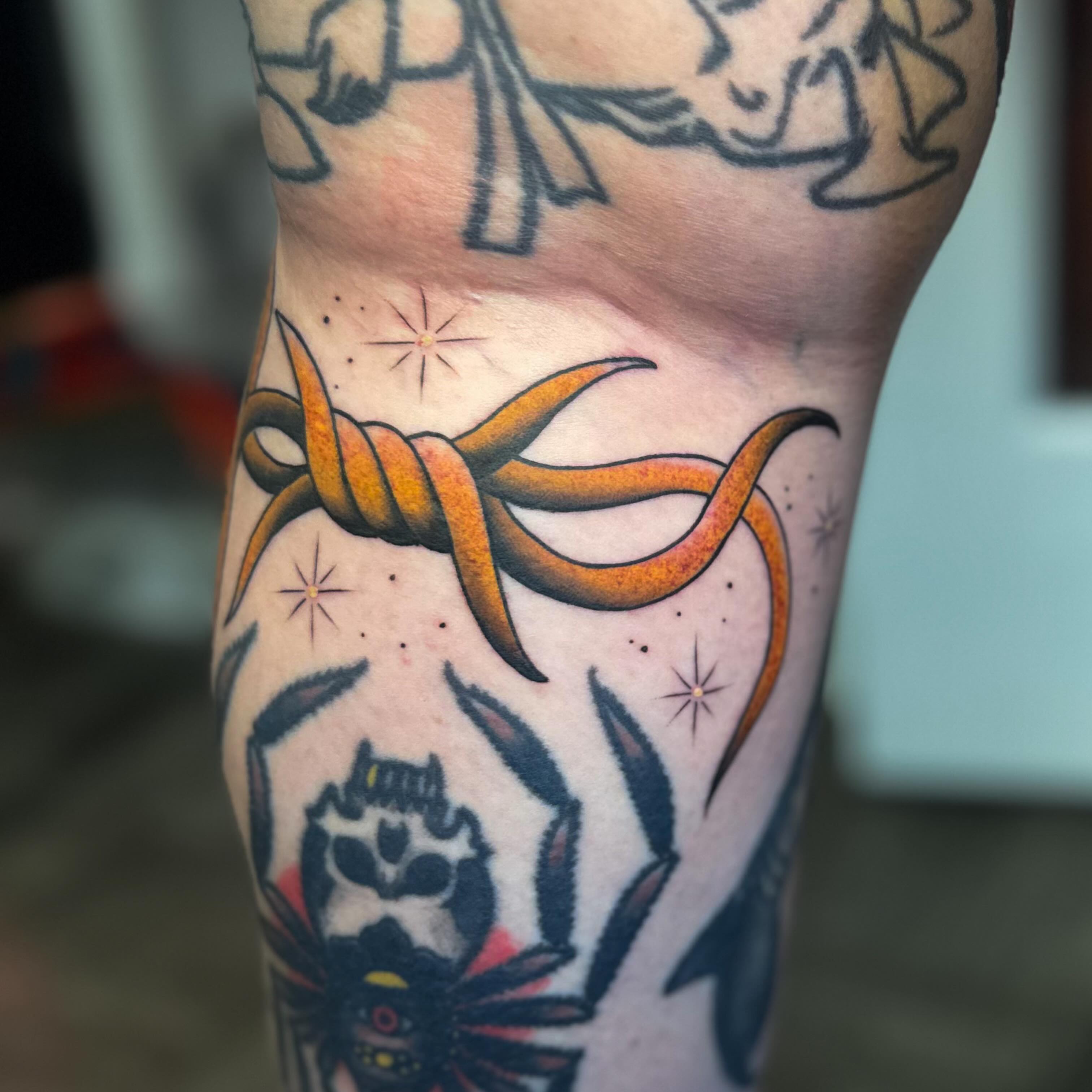 Barbed wire American traditional tattoo on the forearm by ⚔️ 𝕬𝖓𝖞𝖆 𝖁𝖎𝖈𝖙𝖔𝖗𝖎𝖆 ⚔️, Fairfax, Virginia