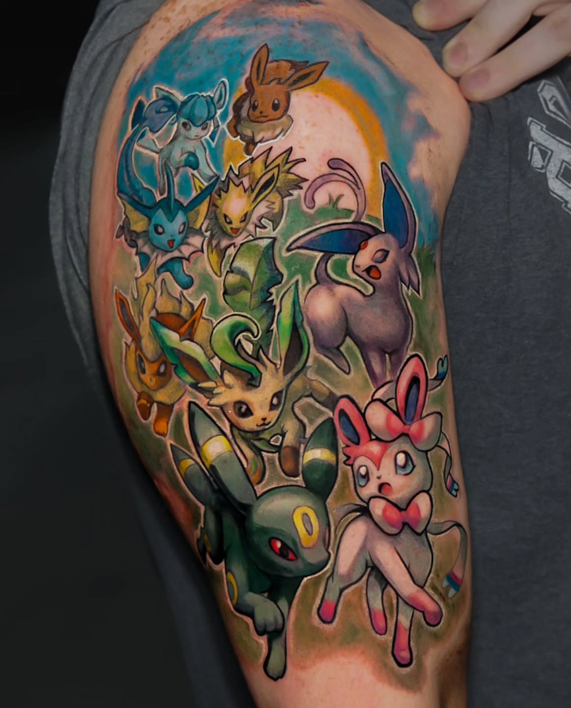 Eevee evolution family dotwork tattoo on the thigh by Bo