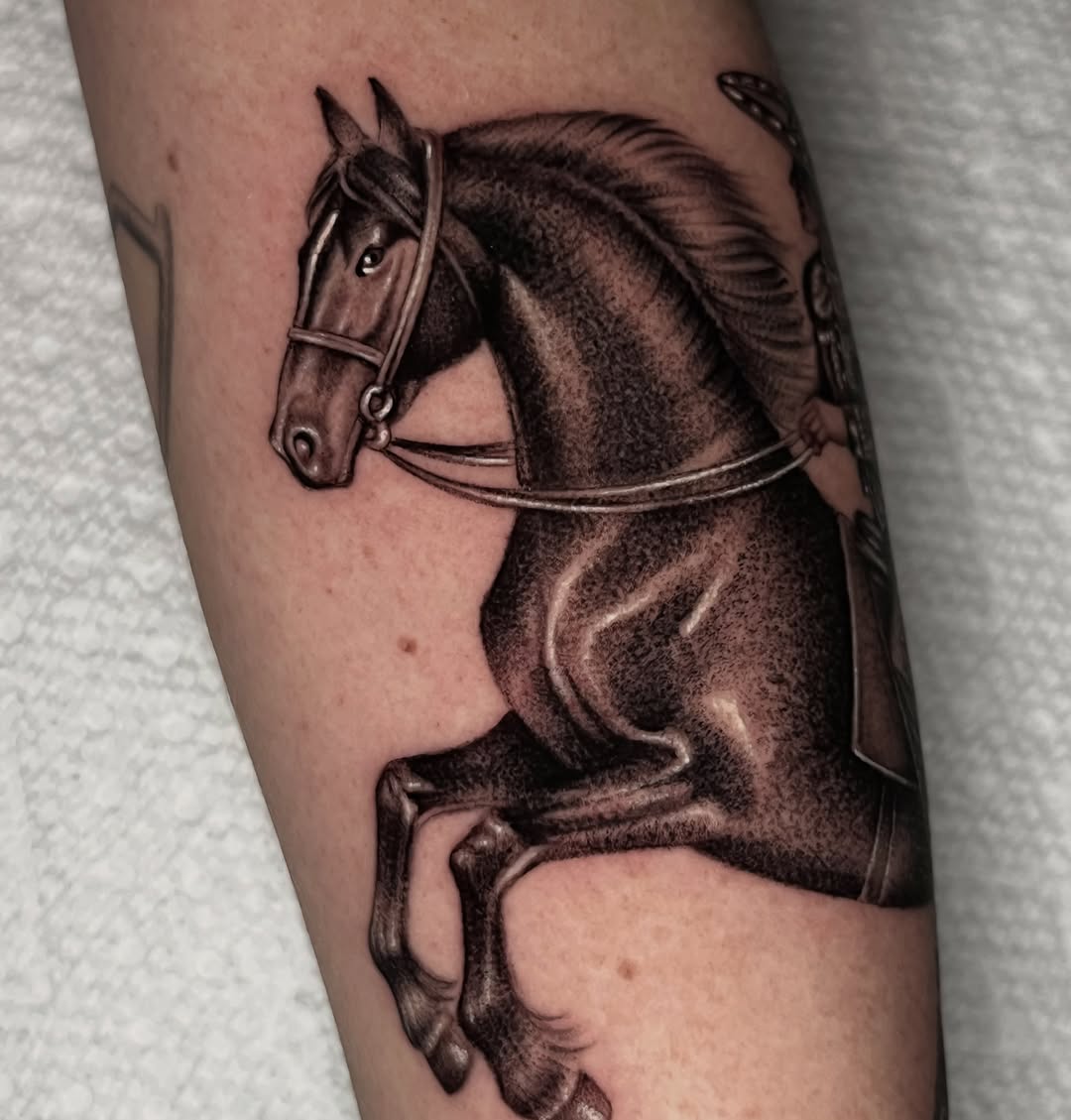 Horse realism tattoo on the forearm by Single Needle ๐ชฉ