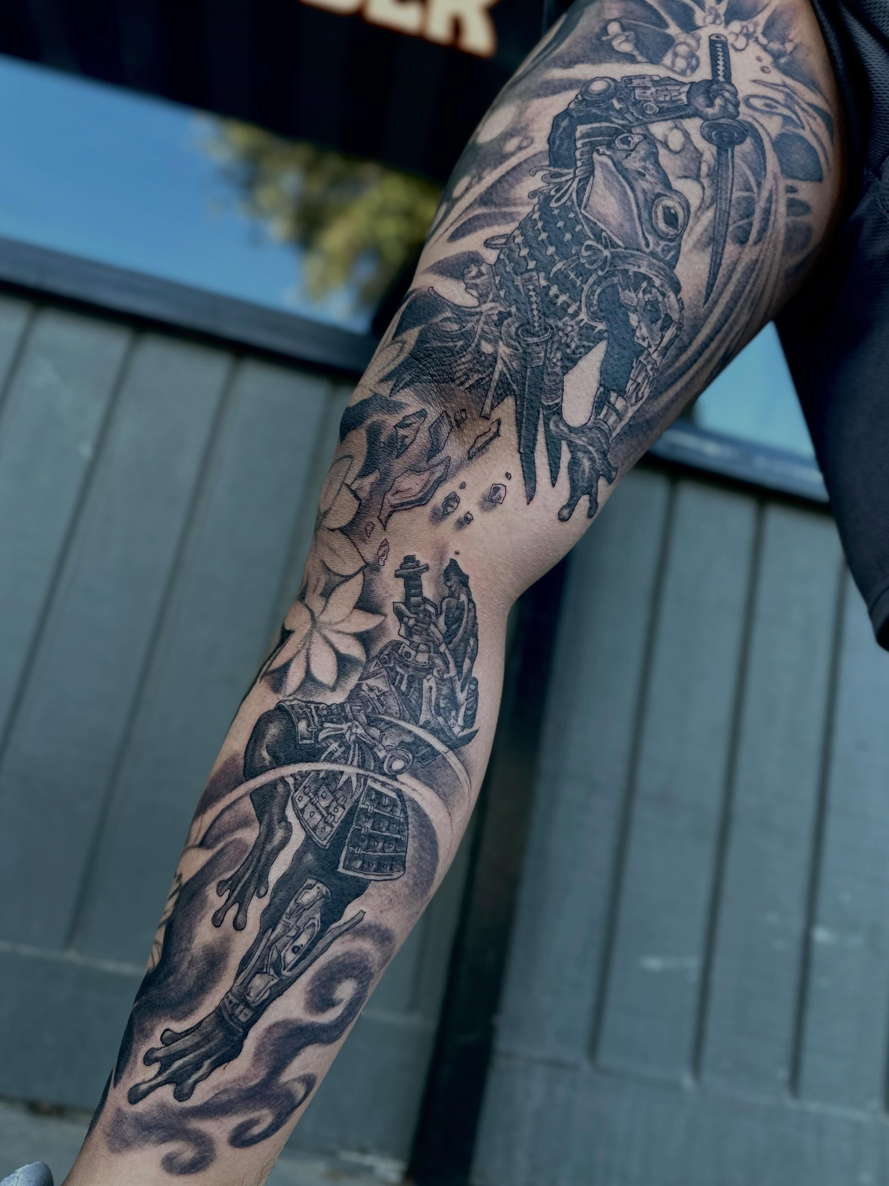 Samurai warrior on horseback realism tattoo on the forearm by Mathilda Quynh