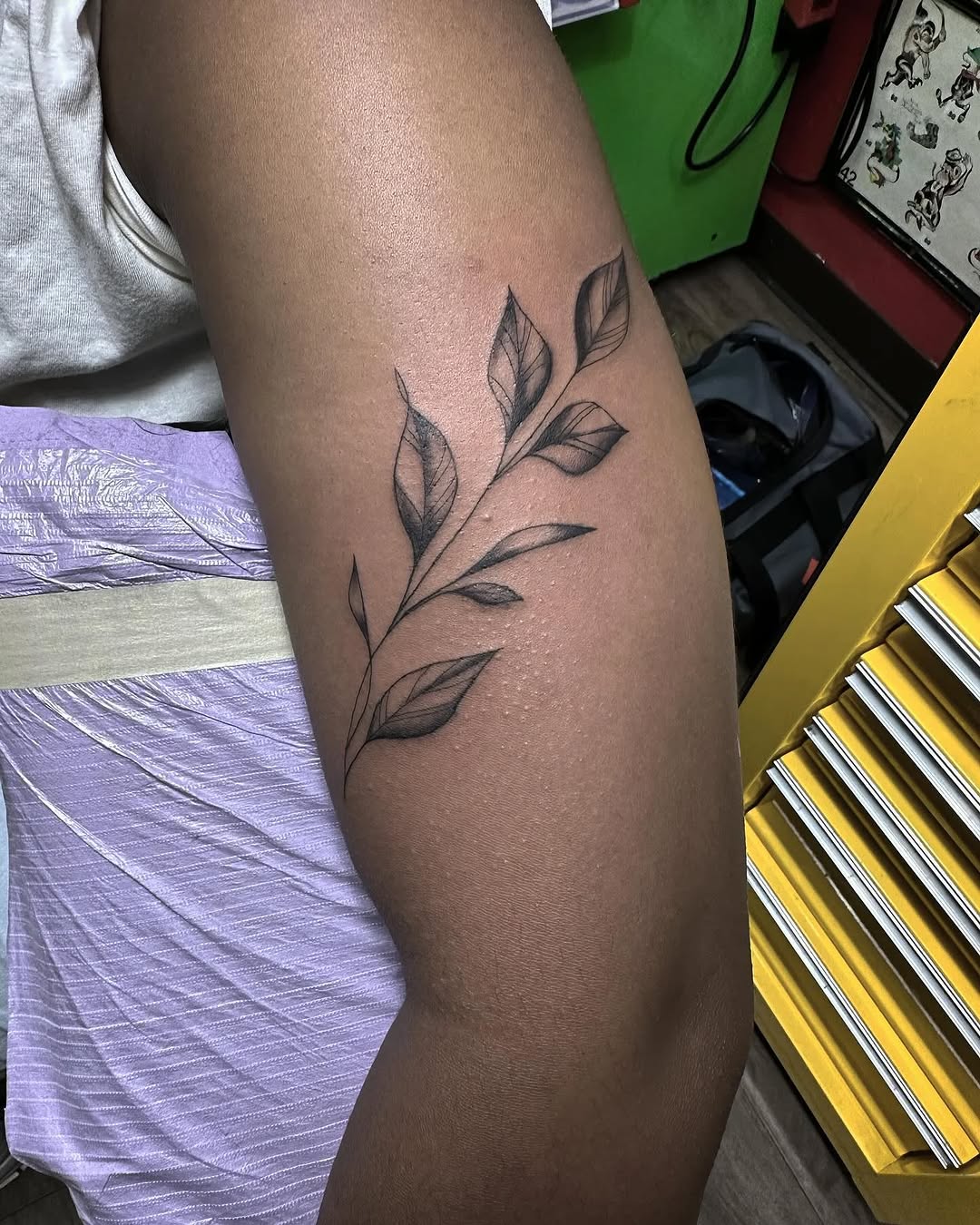 Leafy branch fine line tattoo on the forearm by Rafael Lubowitz