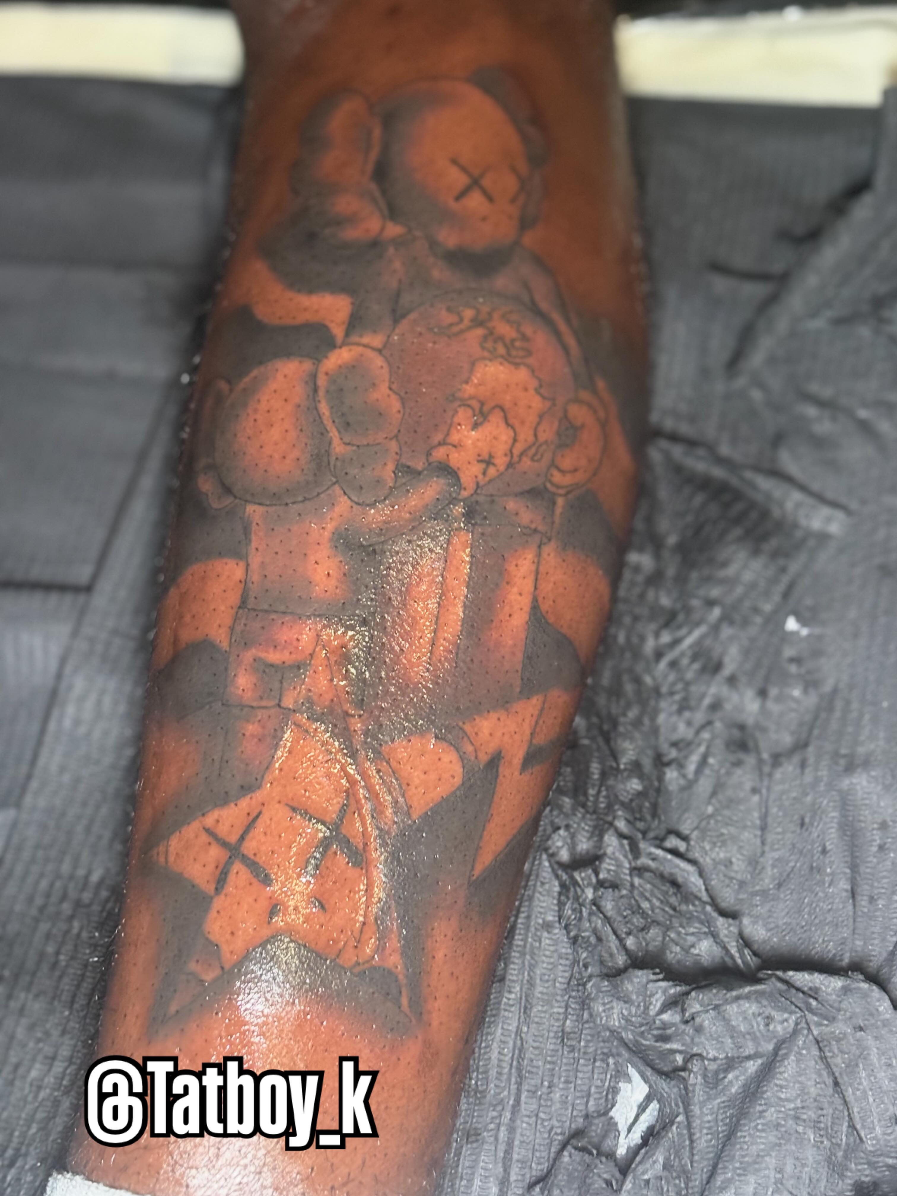 Teddy bear and child dotwork tattoo on the forearm by Mr.K