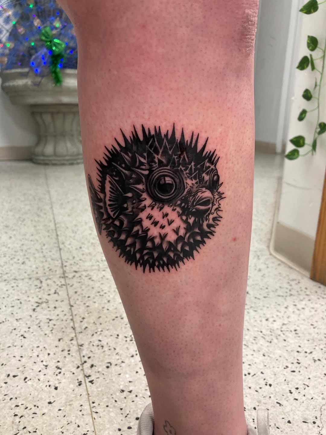 Pufferfish dotwork tattoo on the forearm by Timothy Murtaugh