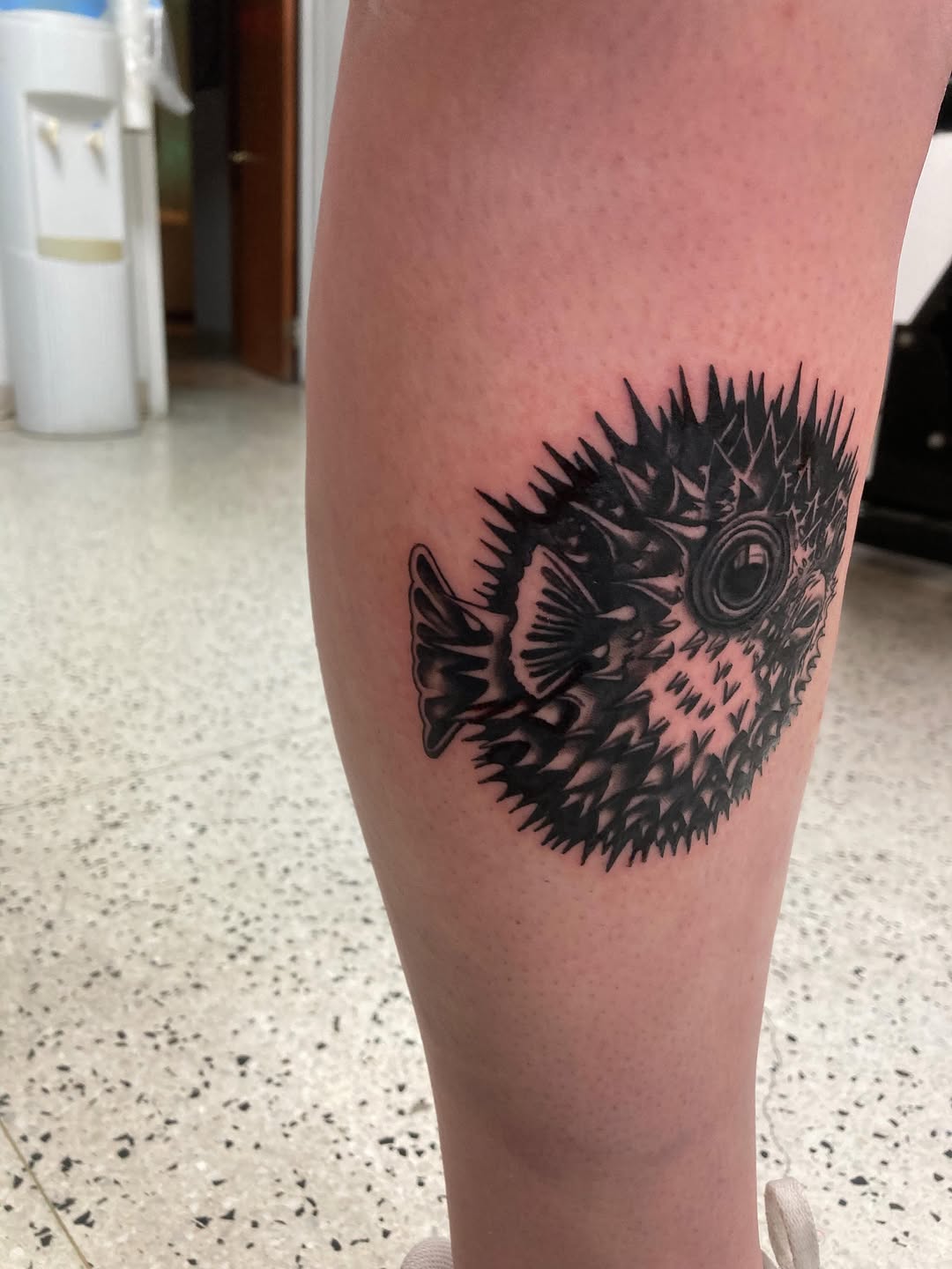 Pufferfish dotwork tattoo on the forearm by Timothy Murtaugh
