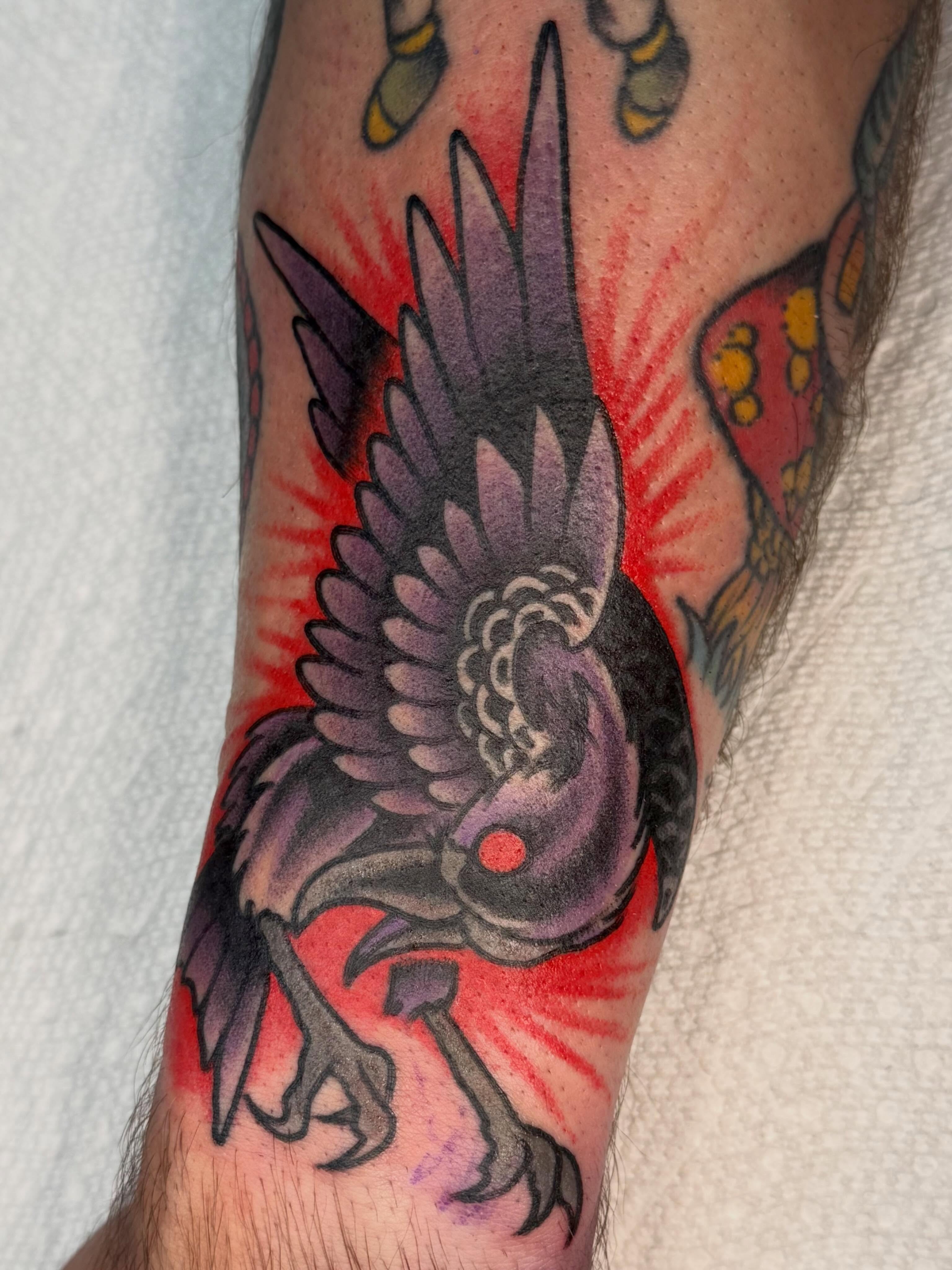 Crow American traditional tattoo on the forearm by KevinBetsch