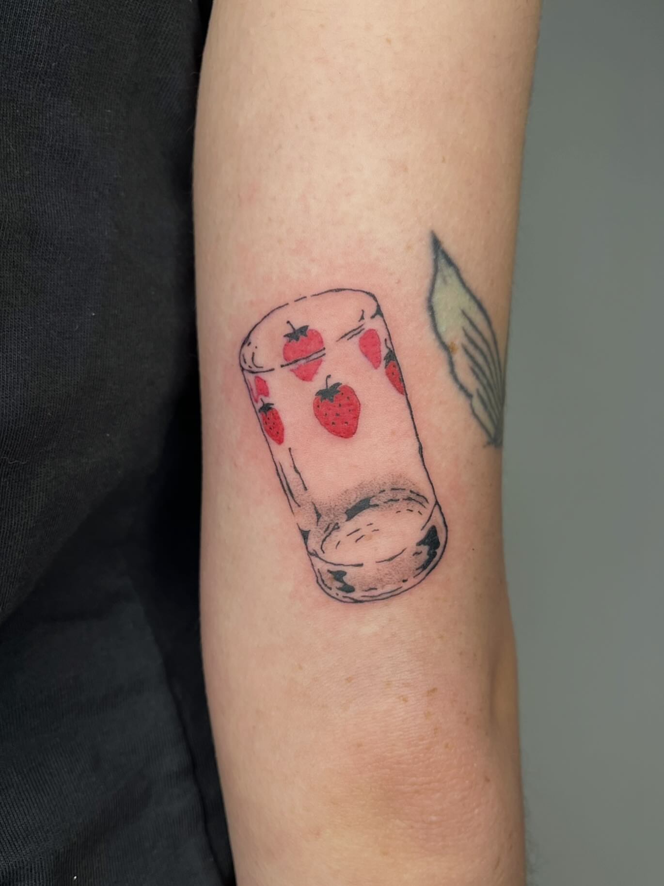 Strawberry drink dotwork tattoo on the forearm by ashley π²