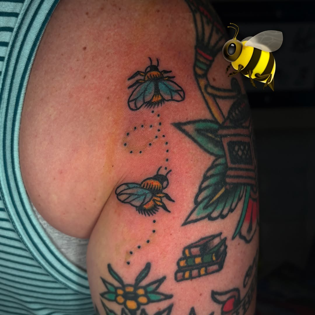 Bees and flowers American traditional tattoo on the shoulder by Max Klapp, Austin, Texas