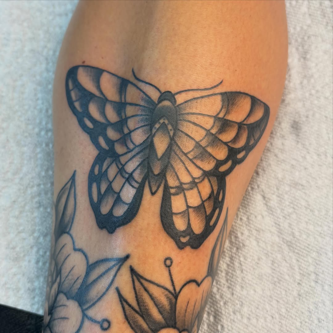 Butterfly black and grey tattoo on the forearm by Demi Flores 🖤