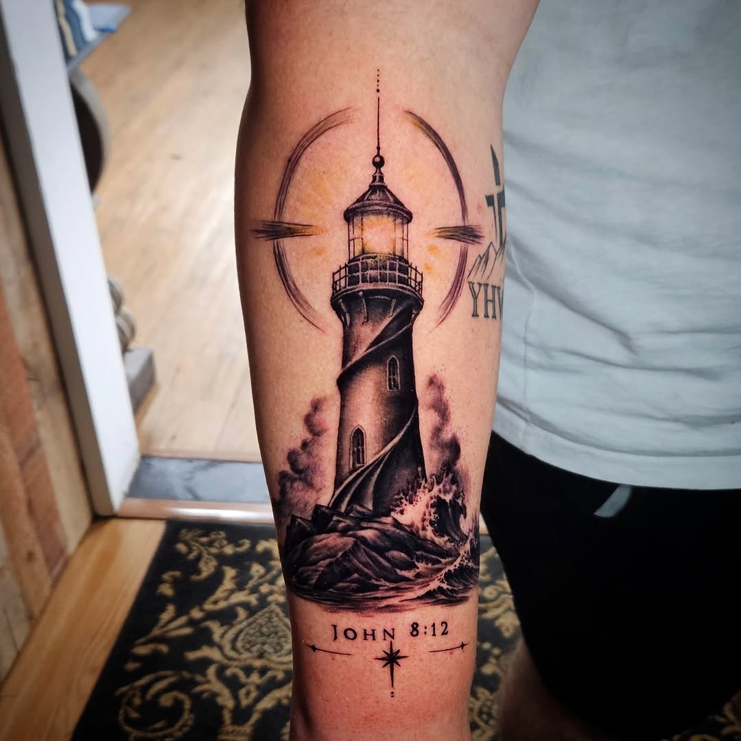 Lighthouse realism tattoo on the forearm by Isaac Morales