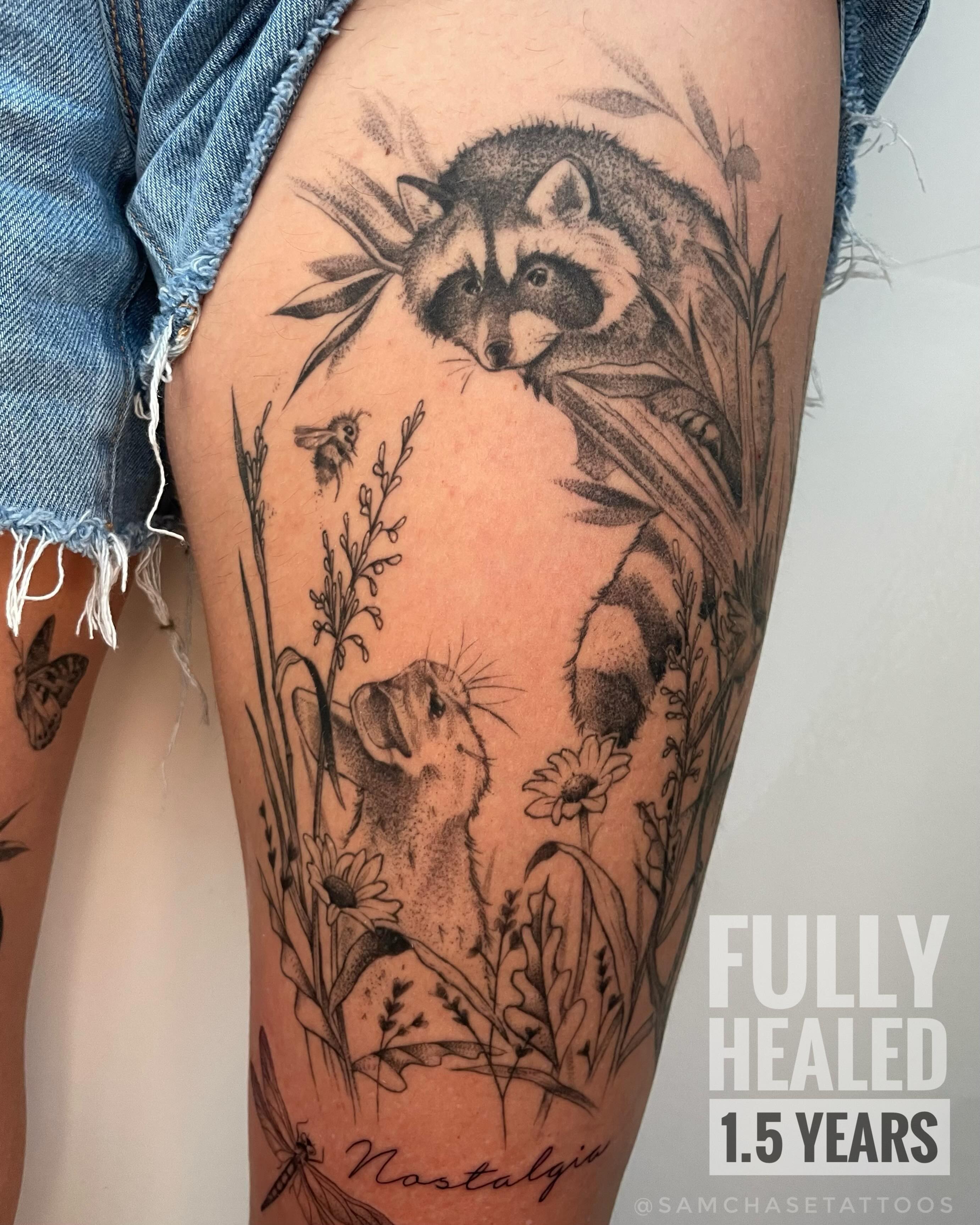 Raccoon and mouse realism tattoo on the thigh by Sam chase, Naperville, Illinois