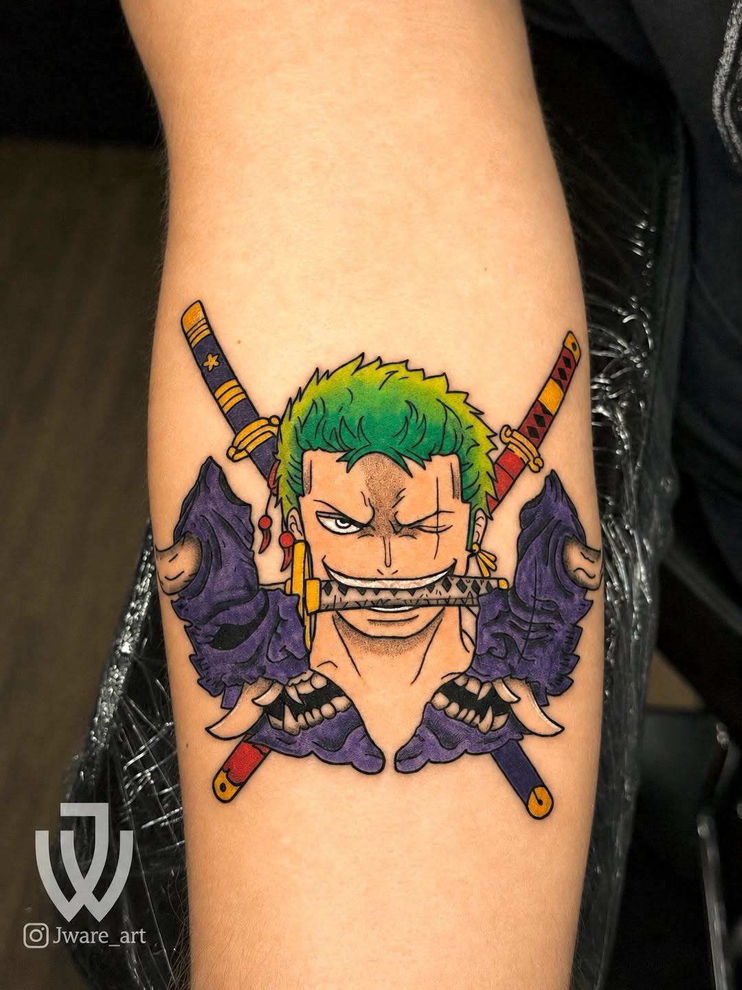 Roronoa Zoro from One Piece anime tattoo on the forearm by Joshua Ware, Alvarado, Texas