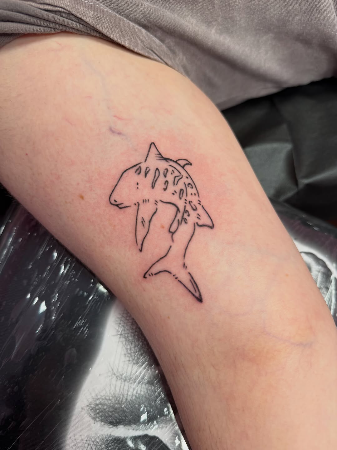Two sharks fine line tattoo on the forearm by Lindsey