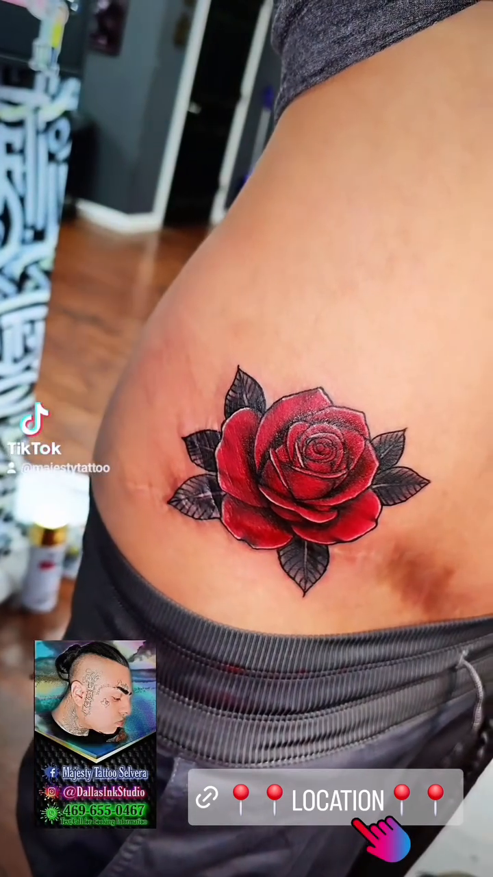 Red rose tattoo neo-traditional tattoo on the thigh by Majesty Selvera