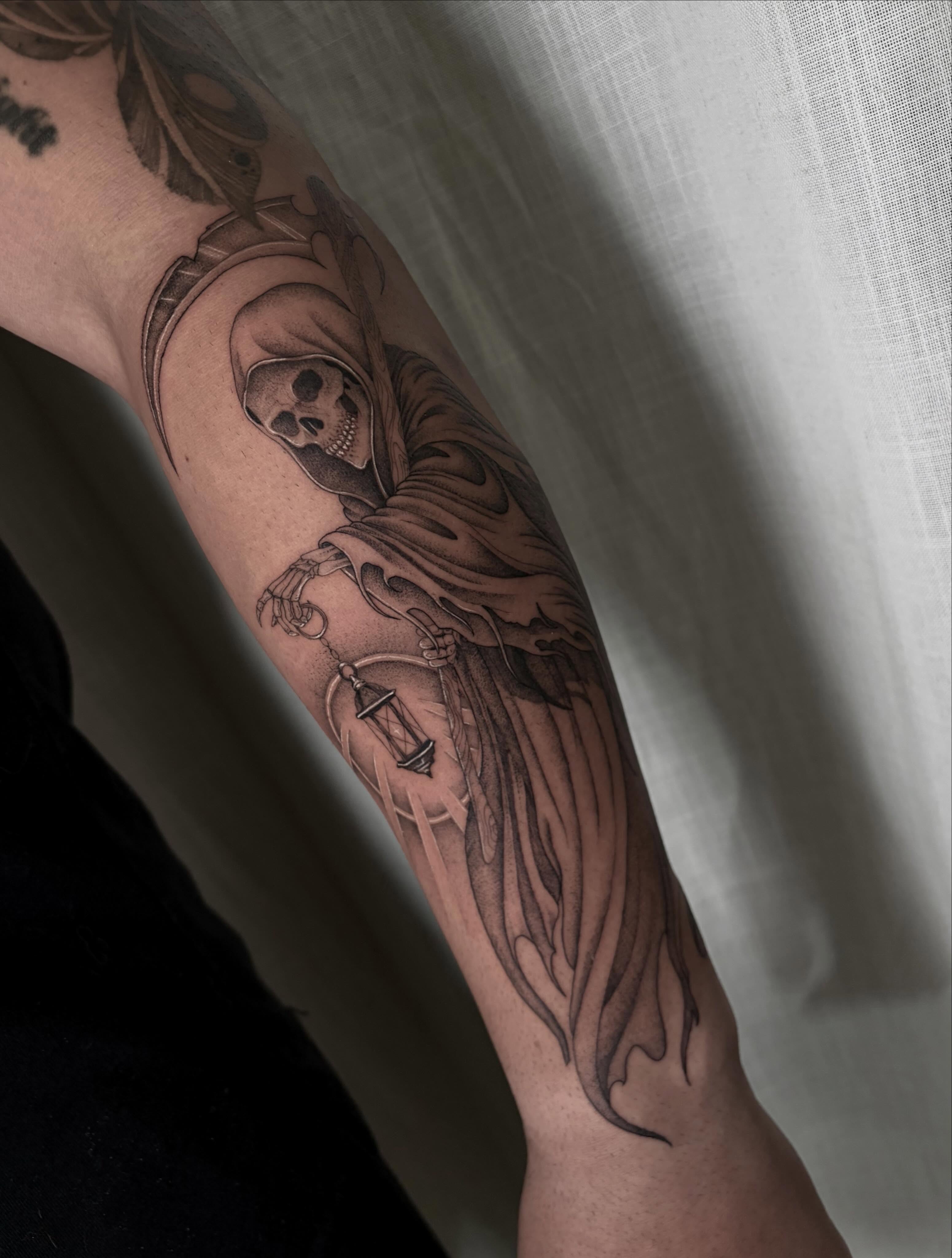 Grim reaper black and grey tattoo on the forearm by Justene Renee 🖤 Fine Line Tattoo Artist