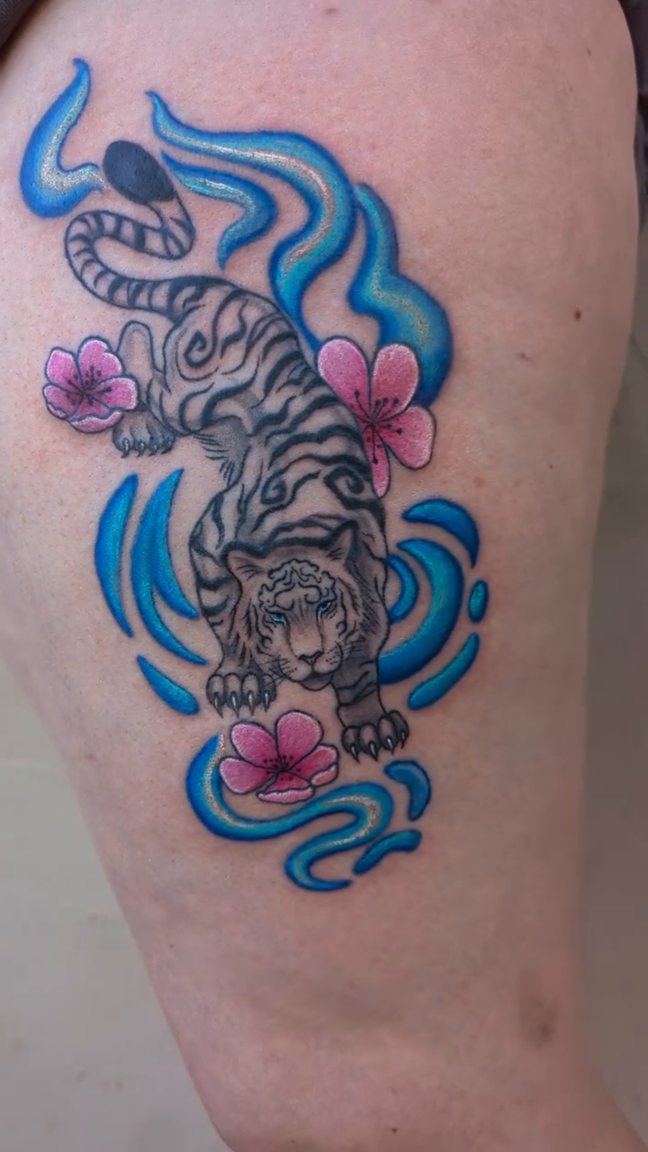 Tiger with cherry blossoms and water realism tattoo on the thigh by Raven FM-Tattoo Apprentice
