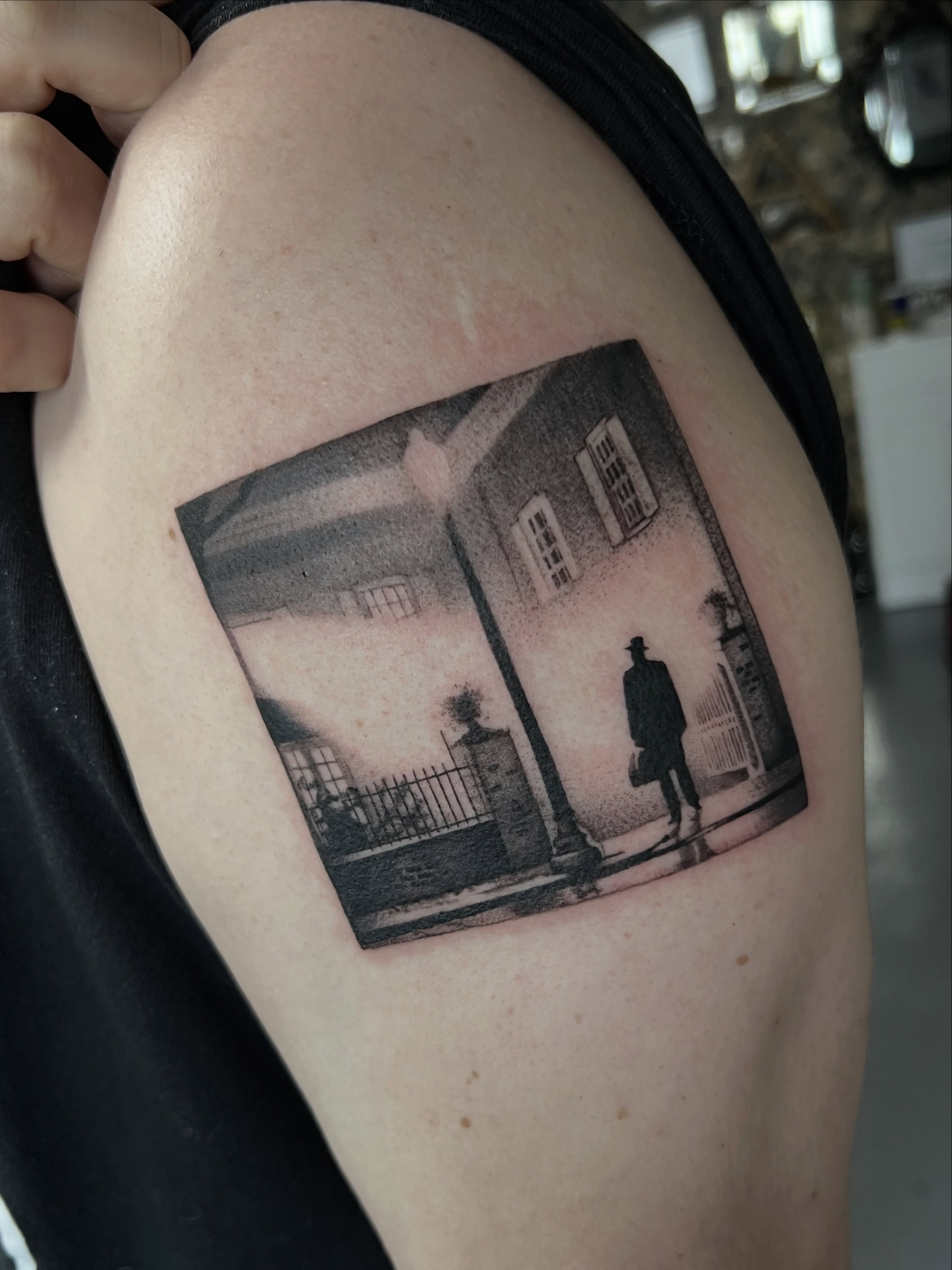 Man walking realism tattoo on the shoulder by ✶ H A N N A H K A y ✶