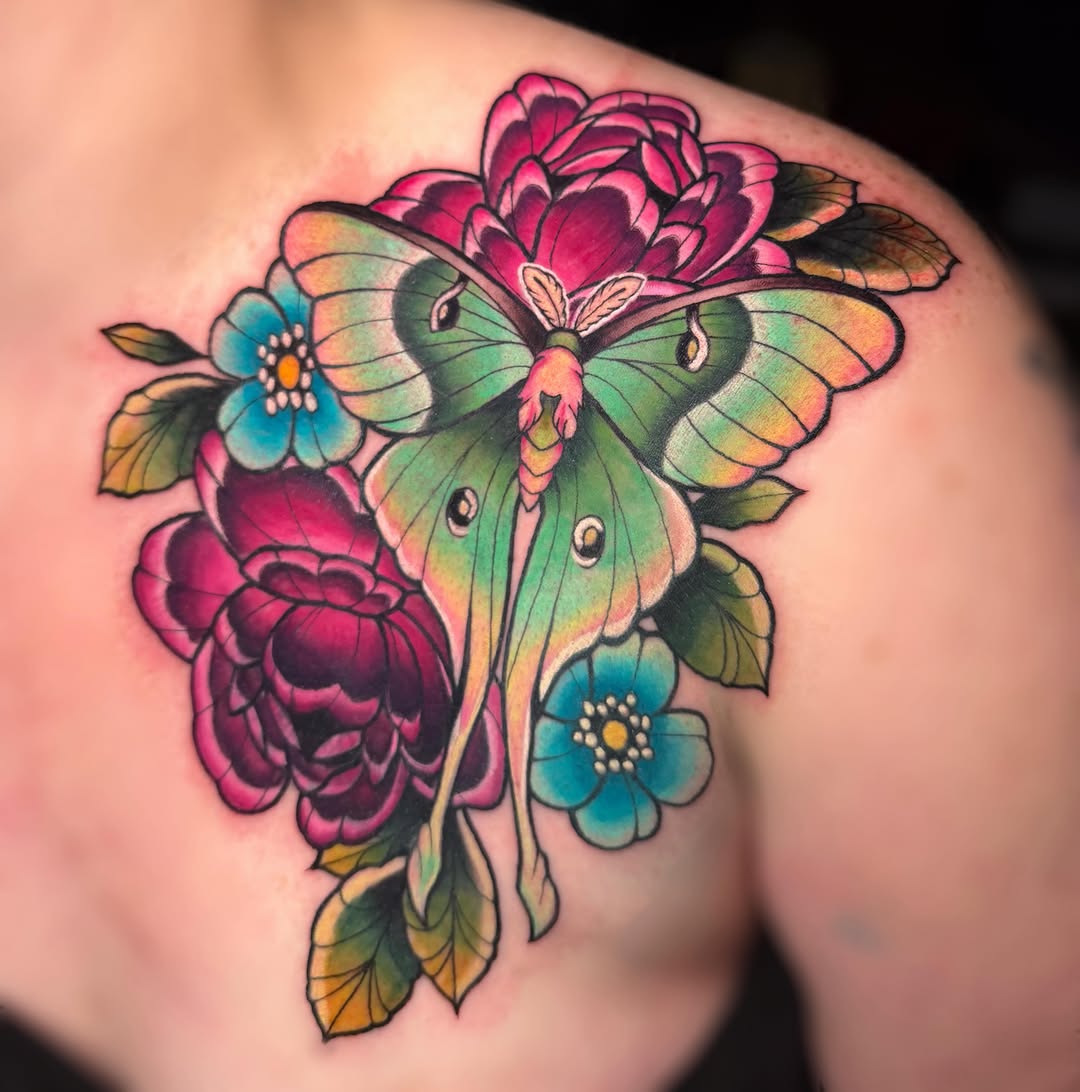 Butterfly and flowers American traditional tattoo on the shoulder by Olivia Whan Tattoos🌙