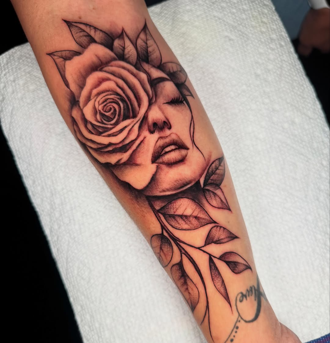 Woman's face with rose dotwork tattoo on the forearm by 𝕾𝖈𝖗𝖎𝖕𝖙 𝕾𝖕𝖊𝖈𝖎𝖆𝖑𝖎𝖘𝖙