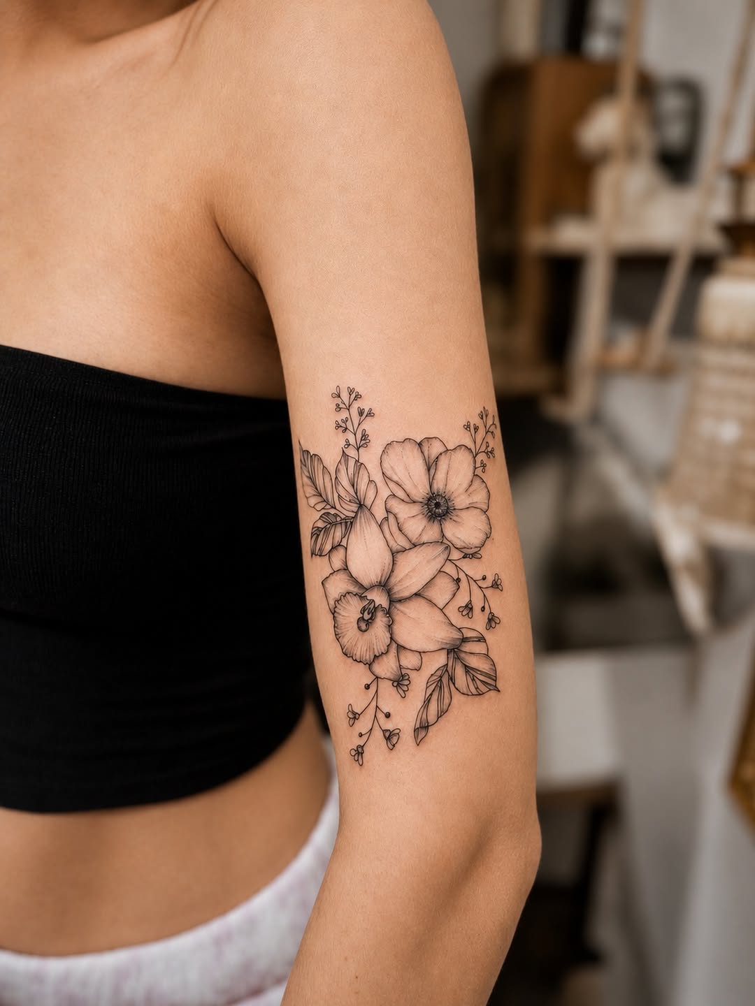 Floral arrangement fine line tattoo on the forearm by JAmy Winters